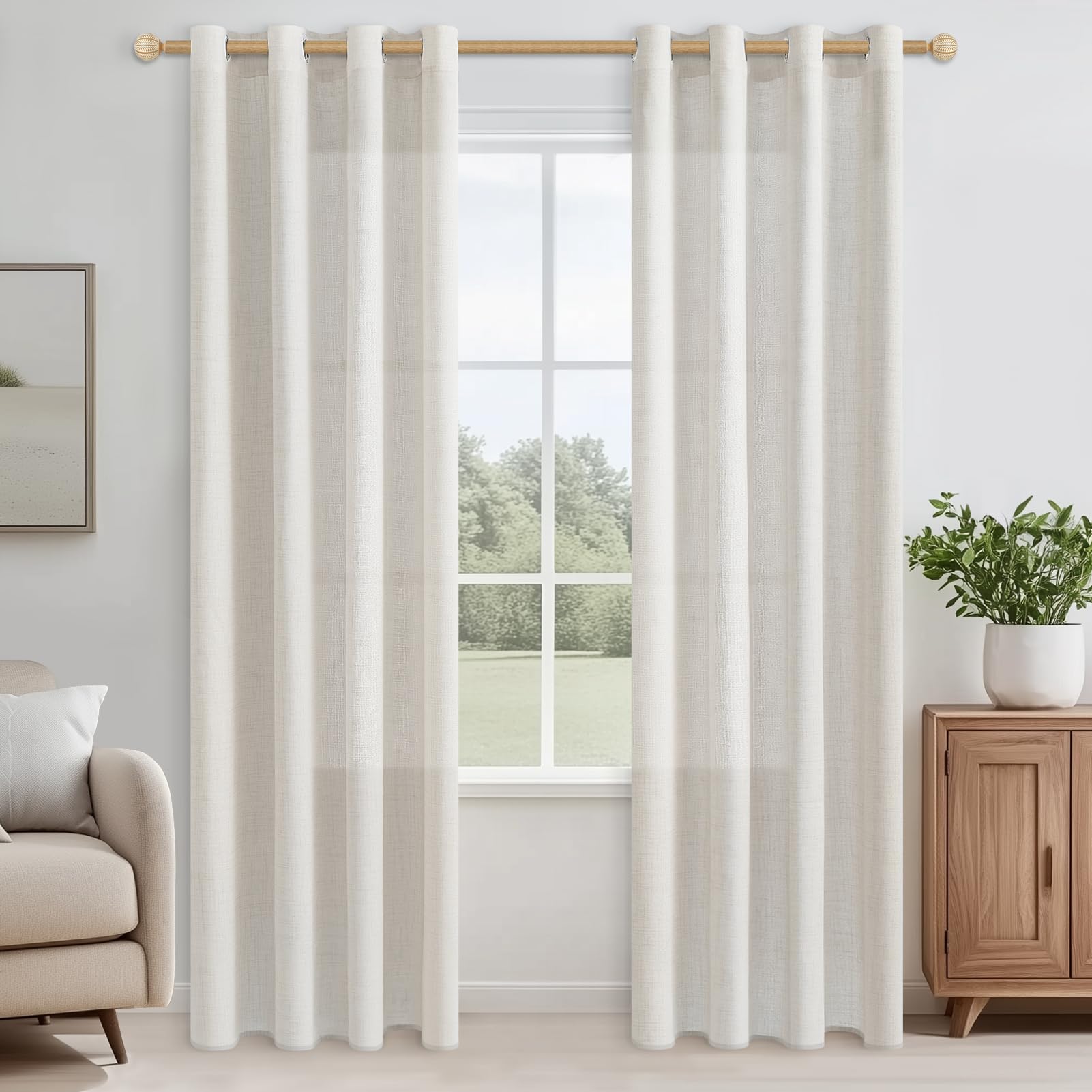 CUTEWIND Linen Curtains Living Room Vorhänge mit Ösen Leinenoptik Halbtransparent, Leinen Vorhang Boho Wohnzimmer Gardinenschals Schlafzimmer 2er Set 215 cm Lang 140 cm Breit, Elfenbeinweiß