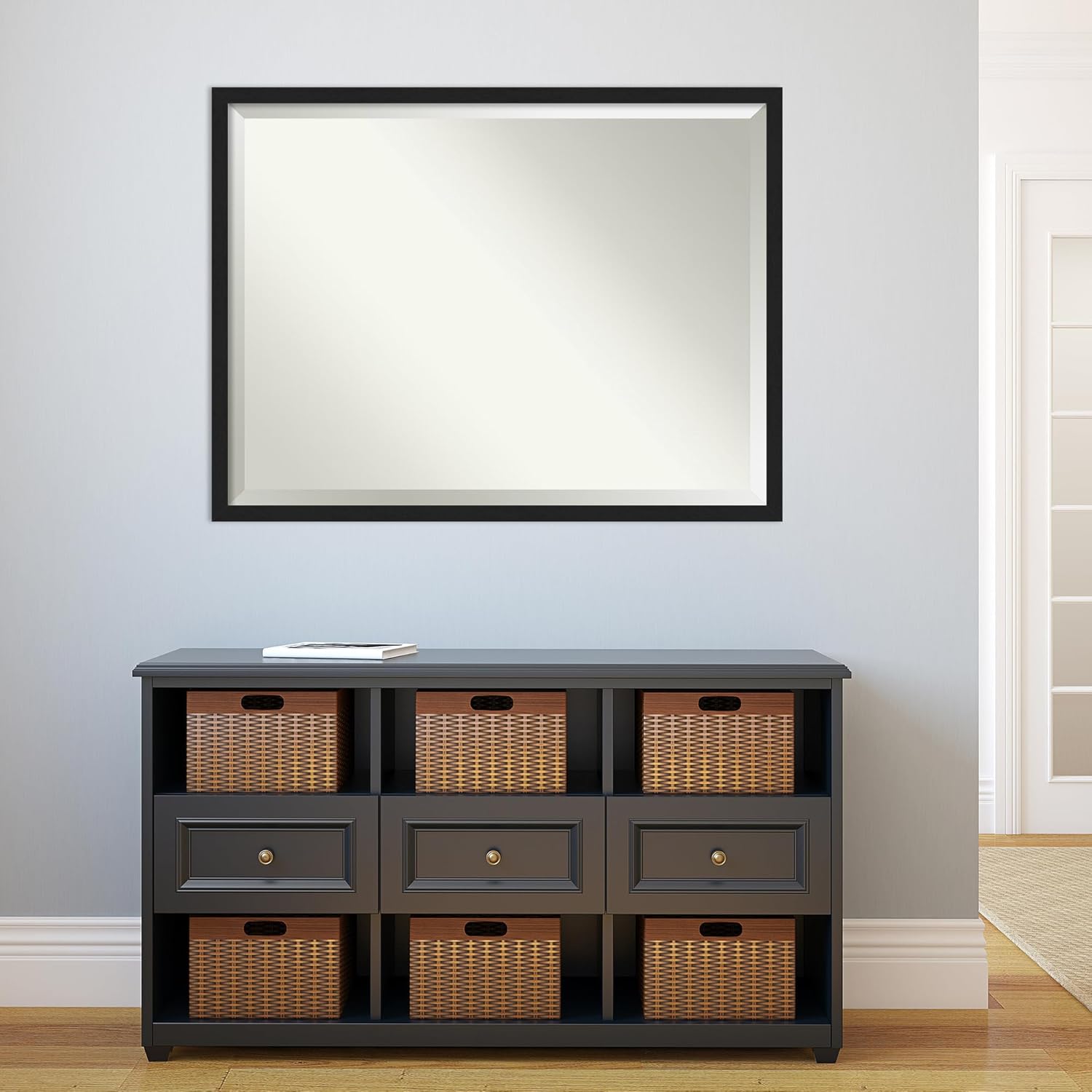 Amanti Art Black Bathroom Mirror for Over Sink, 32x42 Grace Brushed Metallic Black Narrow Rectangle Vanity Mirror, X-Large Modern Frame, Hangs Horizonally and Vertically, Bathroom Wall Decor, Beveled