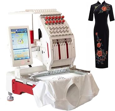 Commercial Embroidery Machine with 12 Needles, 8x12" Hoop & 3D Cap Frame, 10" Touch Screen, 1000spm Max Speed, USB Support, 15 Functions, Auto Embroidery on Caps/Flat/Shirts/Jackets,RedA
