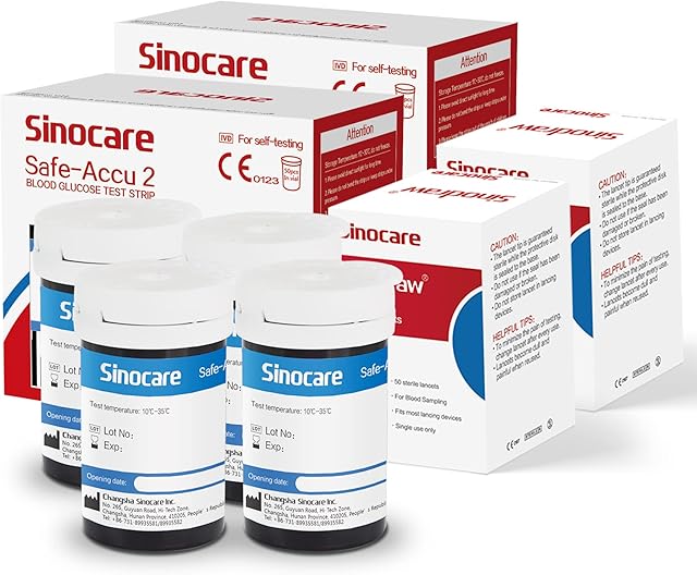 Sinocare Blood Sugar Test Strips, 100pcs Blood Glucose Test Sttips & 100pcs Twist Lans., Blood Test Strip for Safe Accu2 Blood Glucose Monitor (Safe Accu2 Strips- 100)