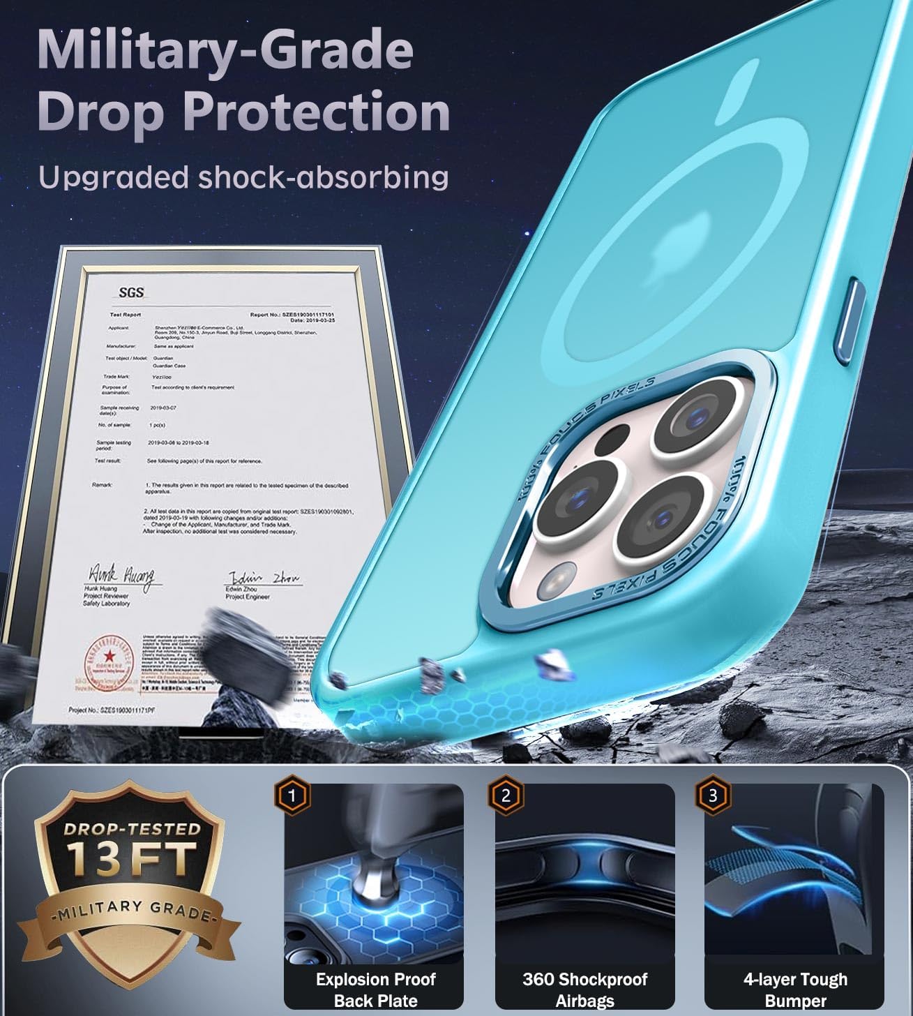 Newfuture Designed for iPhone 14 Pro Max Case with Magnetic [13 FT Military Drop Protection] [Compatible with Magsafe] Slim Translucent Matte Shockproof with Anti-Fingerprint Phone Case, Lake Blue - Image 5