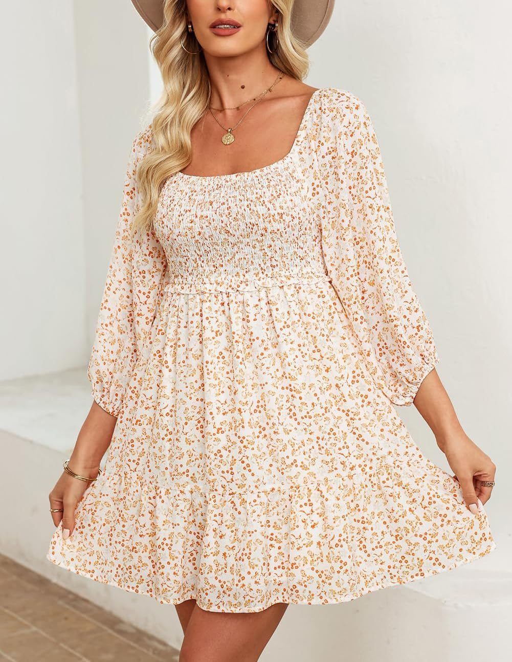 Gothden Women Casual Babydoll Dresses Boho Floral Square Neck Smocked 3/4 Sleeve A-Line Swing Mini Dress - Image 3