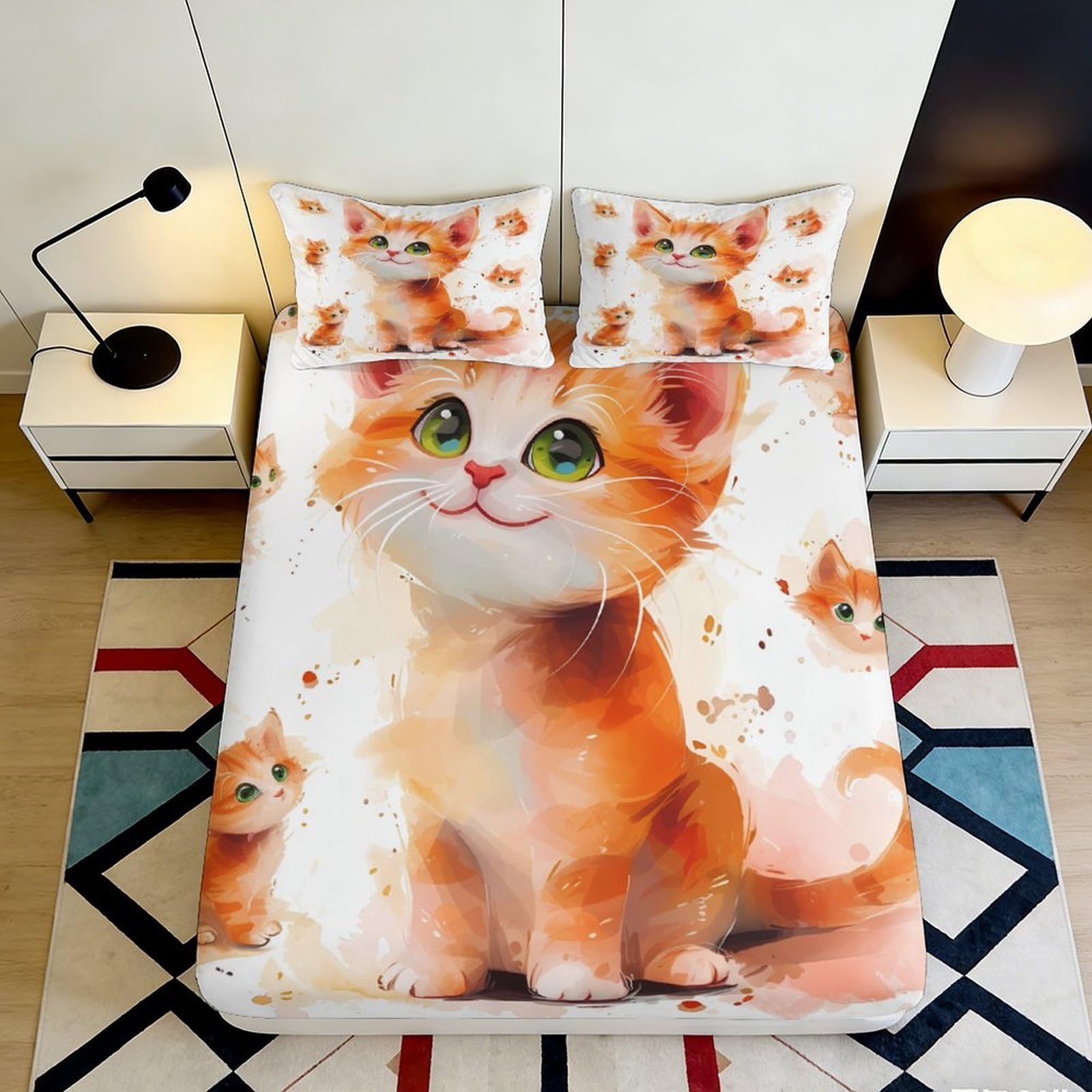 3D Printed Orange Tabby Cat Fitted Sheet Microfiber Soft Cartoon Kitten Bed Cover for Bedroom Guestroom Decor 90x200x25cm