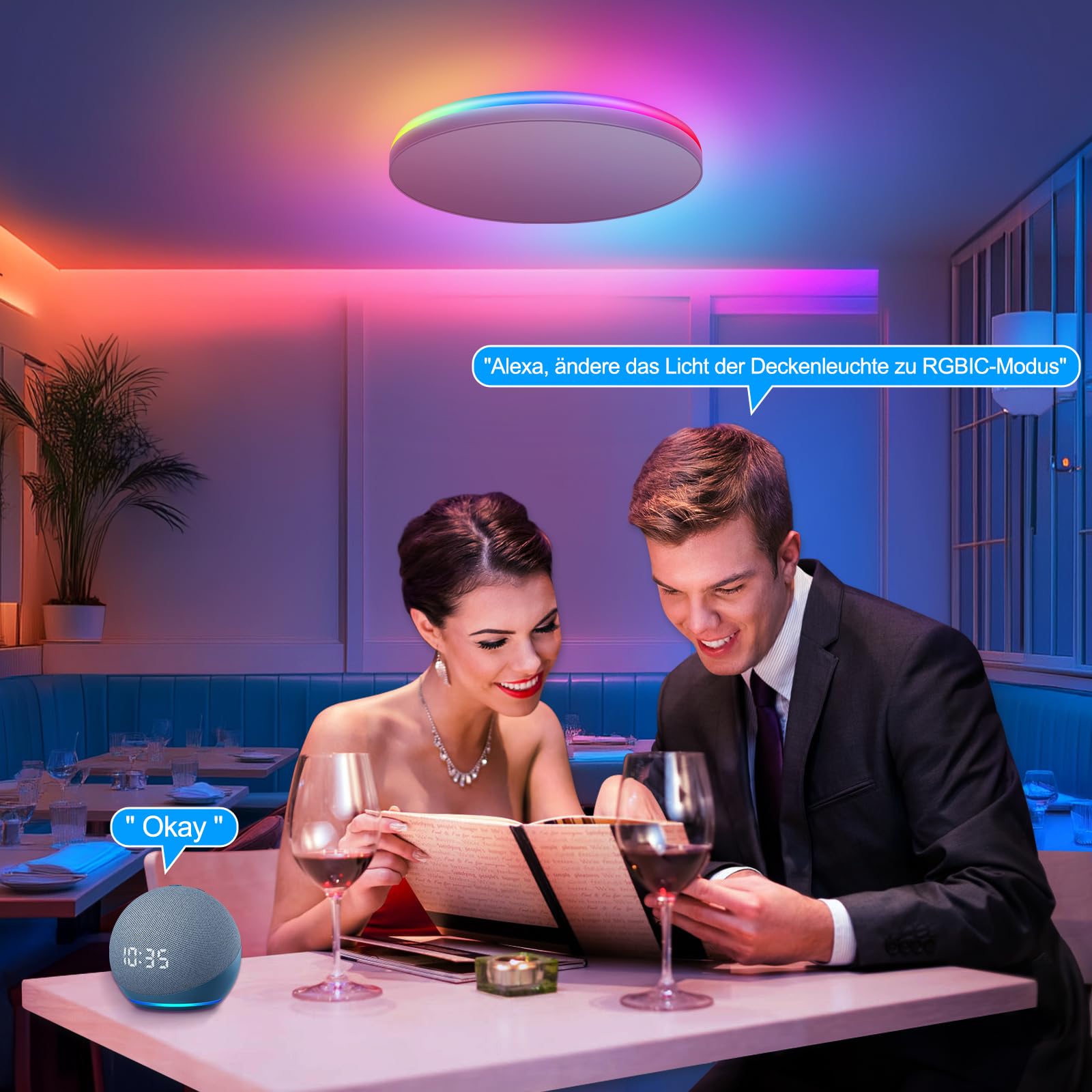 AmazeFun LED Deckenlampe 48W - Deckenlampe Dimmbar & RGBIC Nachtlicht - Smart Deckenleuchte mit Fernbedienung - Alexa/Google kompatibel, 4500lm, für Wohnzimmer, Schlafzimmer, Küche (48W-37CM)