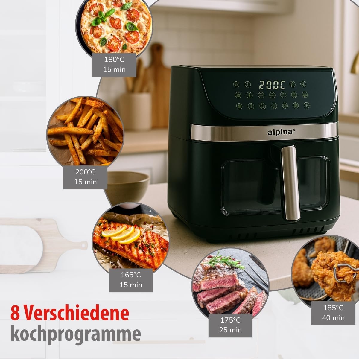 alpina Heißluftfritteuse 9L - Airfryer XXL - Air Fryer mit Digitalem Display - Heissluftfritteuse mit Timer und Temperatur 60 bis 200℃ - mit 8 Kochprogrammen und Sichtfenster - Schwarz