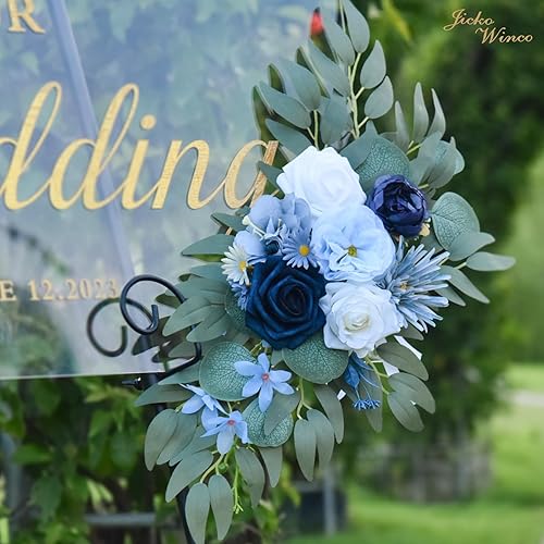 Miniatura 7 de Juego de 2 guirnaldas de flores de boda (paquete de 2) para ceremonia de boda, letreros de bienvenida y decoración de fondo de recepción (azul)