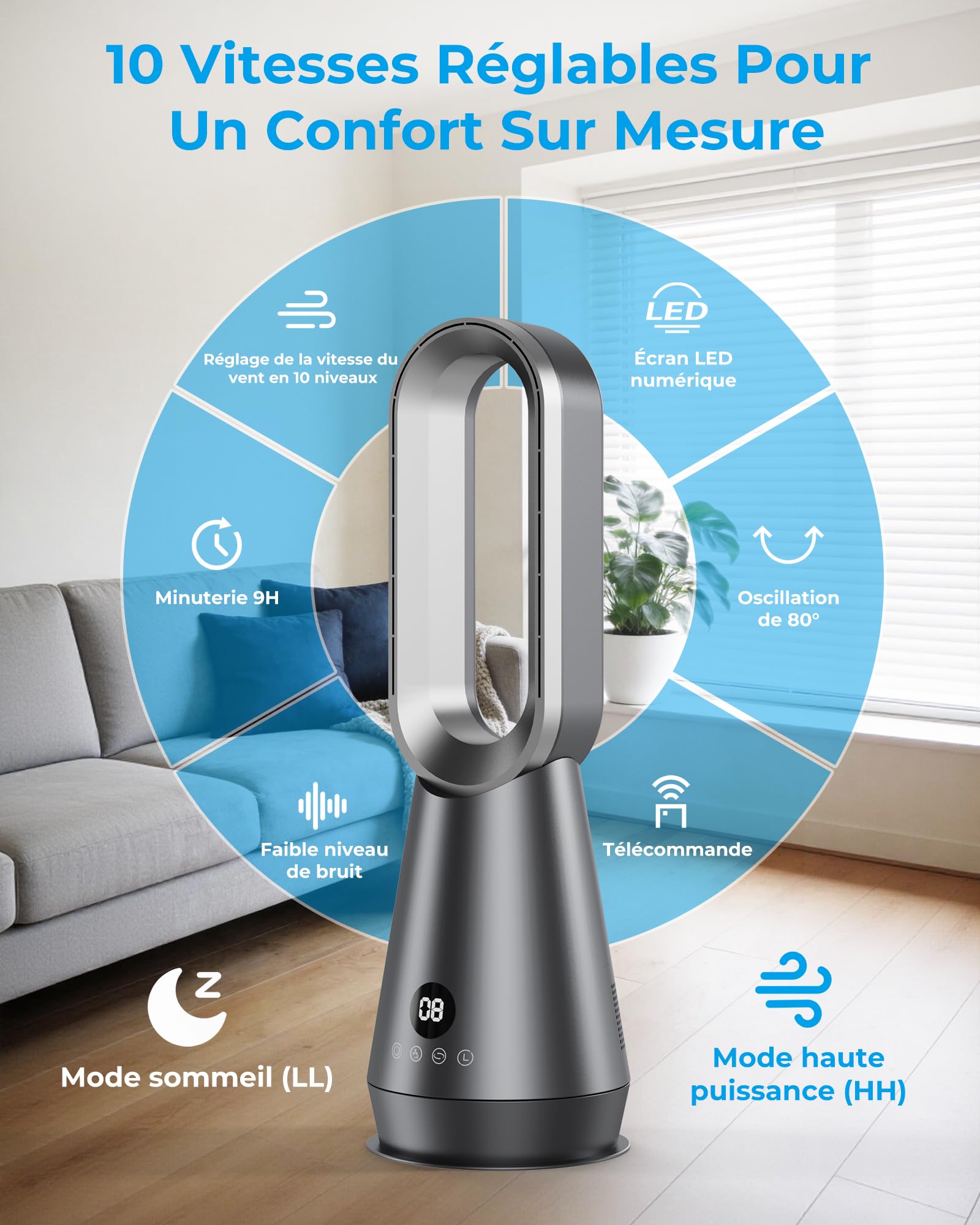 22" Ventilateur Sans Pale, Ventilateur Colonne Purificateur D'air Avec Télécommande, 8 Vitesses, Minuterie 9H, Silencieux pour Chambre, Maison, Bureau, Gris Argenté