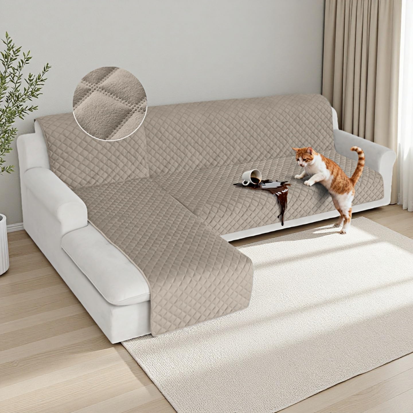 HDCAXKJ Waterproof Sectional Couch Covers Velvet Quilted 2-Pieces L Shape Sofa Cover Washable Thick Non Slip Sectional Slipcovers with Chaise