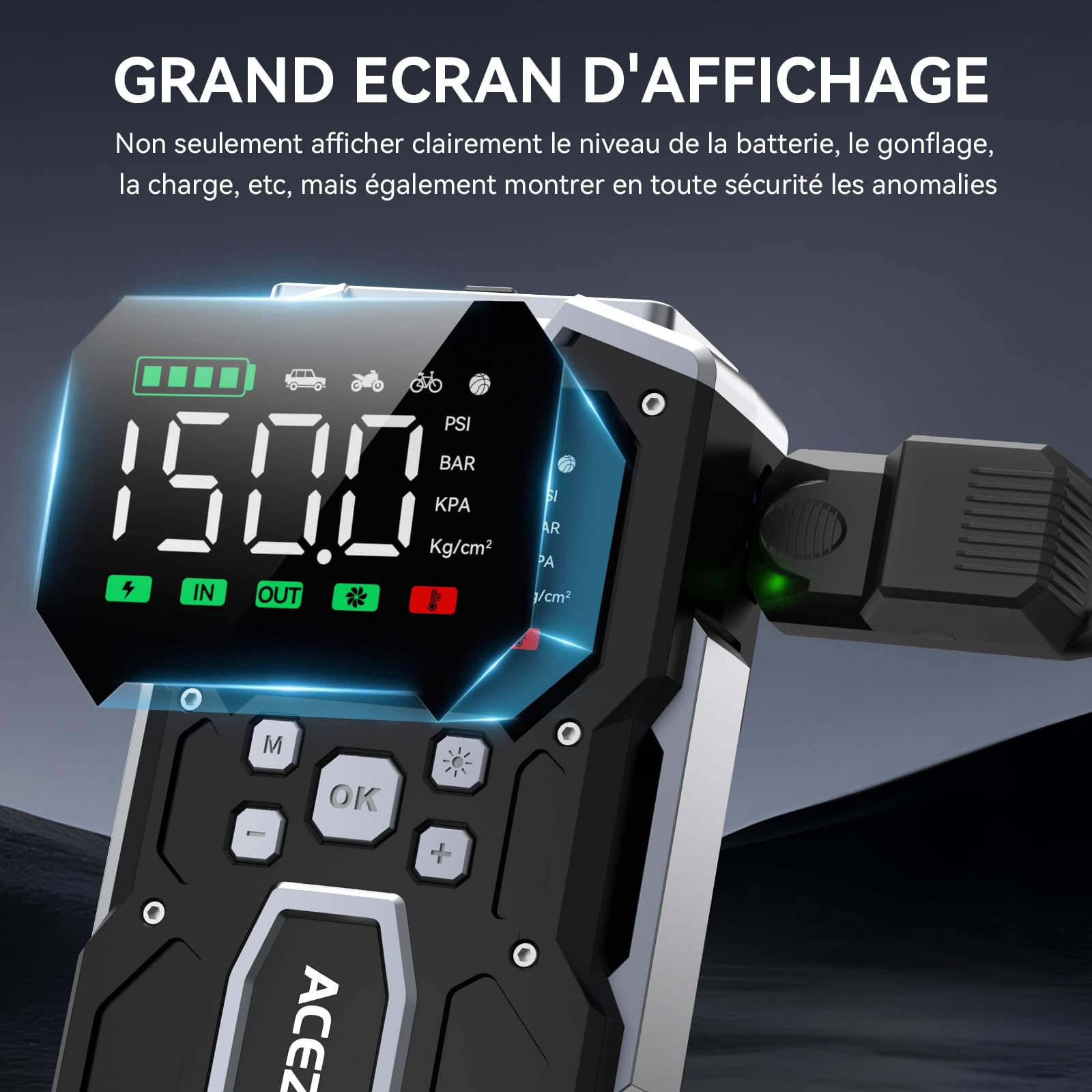 ACEZUK Booster Batterie Voiture 9000A, 150PSI Gonfleur Pneus Voiture, Démarreur avec Compresseur à Air, 12V Jump Starter pour Véhicule(Tout Gaz ou 10L Diesel), 400 Lumens LED