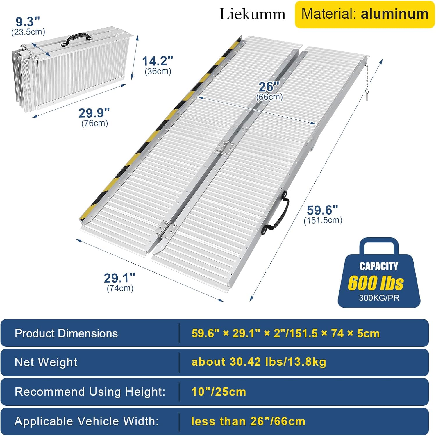 LIEKUMM 5FT Portable Wheelchair Ramp, Non-Slip Aluminum Folding Ramp for Home Steps, Doorways, and Stairs, 600 lbs Load Capacity Handicap Ramp
