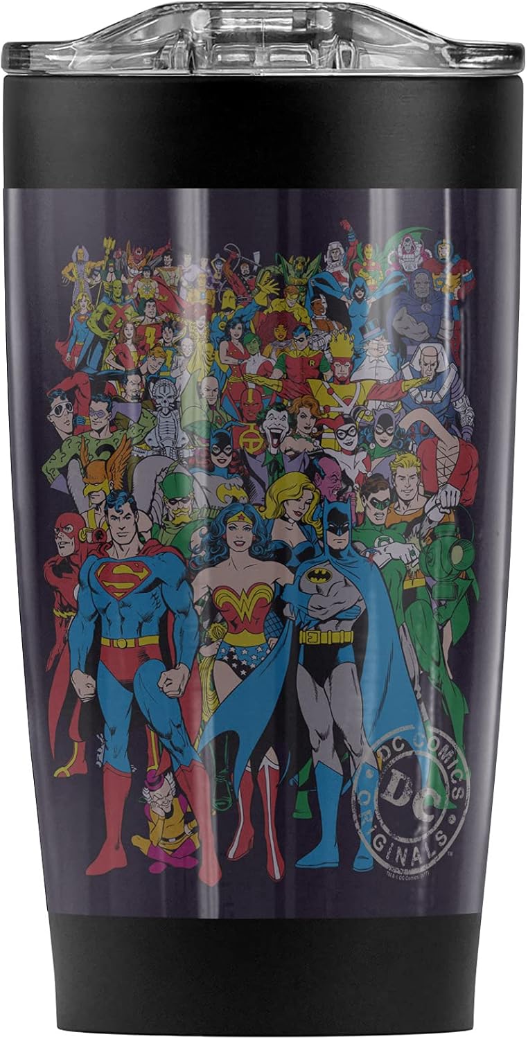 Justice League original Universe Stainless Steel Tumbler 20 oz Coffee Travel Mug/Cup, Vacuum Insulated & Double Wall with Leakproof Sliding Lid | Great for Hot Drinks and Cold Beverages