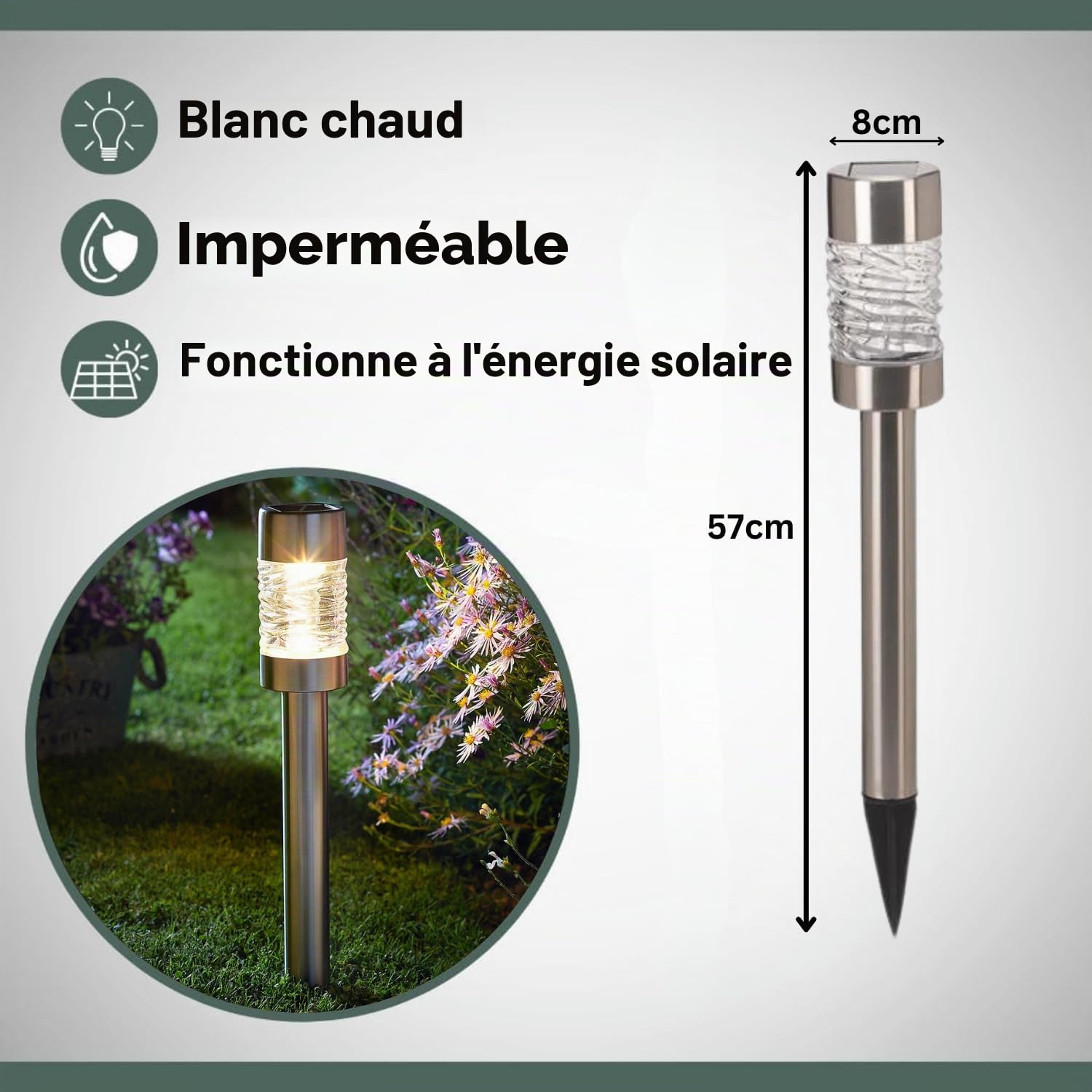 Garden Mile 3 pièces Lampes solaires extérieures pour jardin - Lampes solaires sur piquet en acier inoxydable - Lampes de jardin LED solaires alimentées par énergie solaire, étanches, allumage