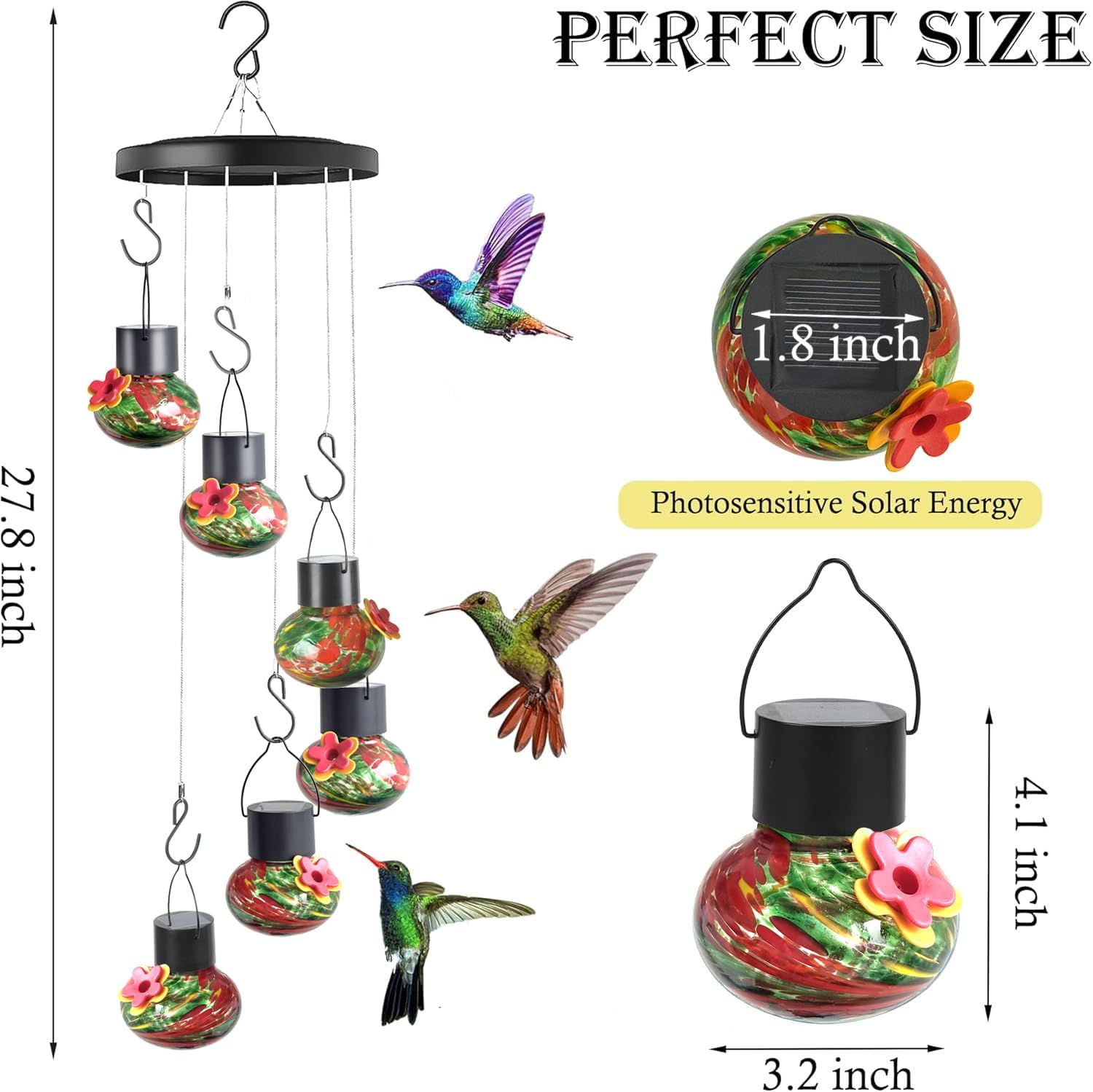 Solar Wind Chimes Hummingbird Feeder for Outdooors, Blue Hand-Blown Glass Bird Feeders with Leak-Proof Design, Ant & Bee Resistant, Perfect Garden Patio Decor (Red and Green)