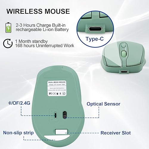 Miniatura 4 de Ratón Bluetooth inalámbrico recargable, silencioso y portátil para computadora portátil, iPad, MacBook ProAir, PC, Surface Pro, LenovoSamsung Tablet