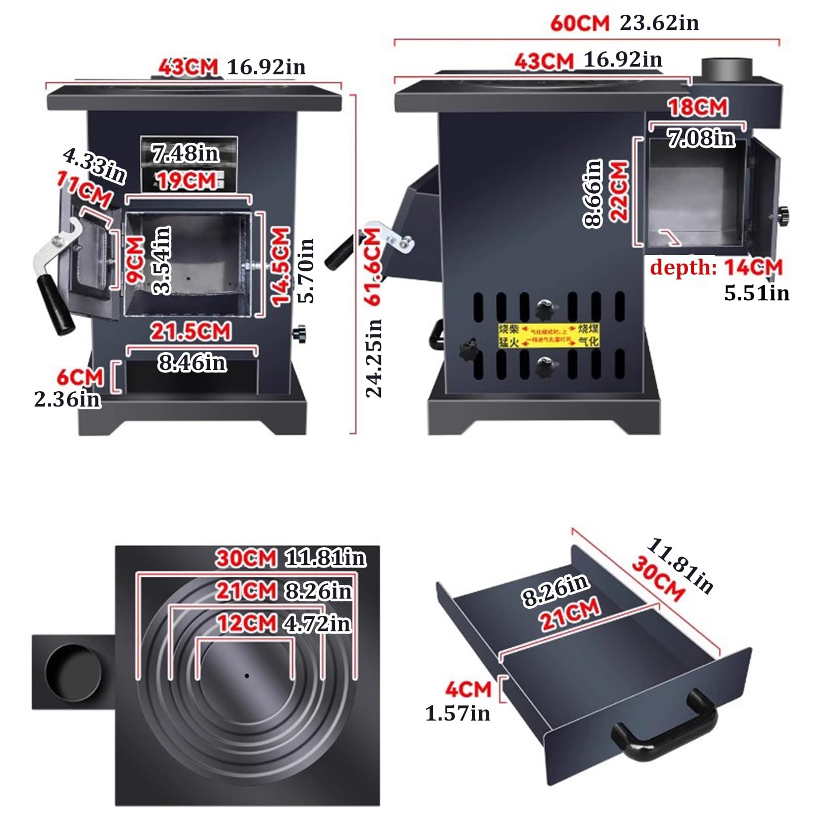 Stufa a legna resistente, rivestimento interno in ghisa, corpo in acciaio, stufa a legna con tubi per camino e forno per riscaldamento interno ad alta efficienza energetica