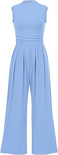 Womens Summer Jumpsuits Dressy Casual One Piece Outfits Sleeveless Mock Neck Wide Leg Pants Rompers with Pockets