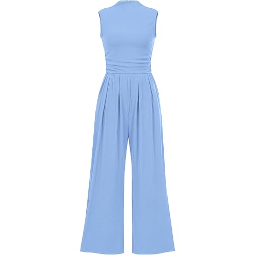 PRETTYGARDEN Womens Summer Jumpsuits Dressy Casual One Piece Outfits Sleeveless Mock Neck Wide Leg Pants Rompers with Pockets