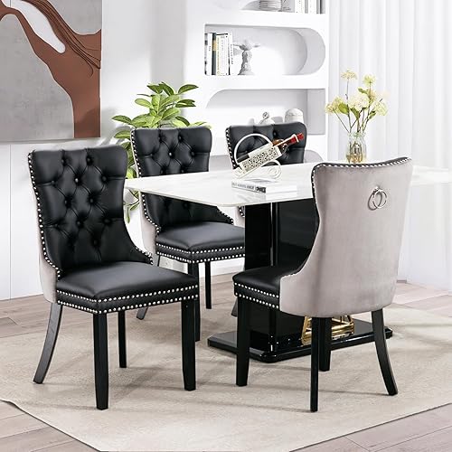 Miniatura 1 de SoarFlash Juego de 4 sillas de comedor de cuero, sillas laterales con respaldo alto, silla lateral tapizada moderna con anillo trasero de botón,