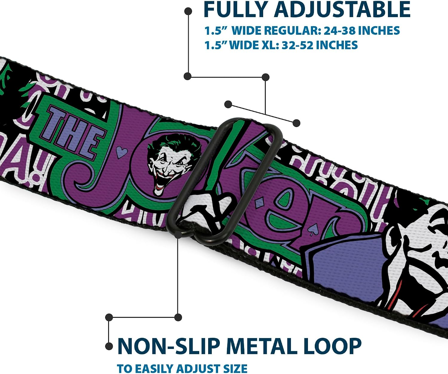 Buckle-Down Seatbelt Belt - Joker Face/Logo/Spades Black/White/Purple - 1.0" Wide - 20-36 Inches in Length