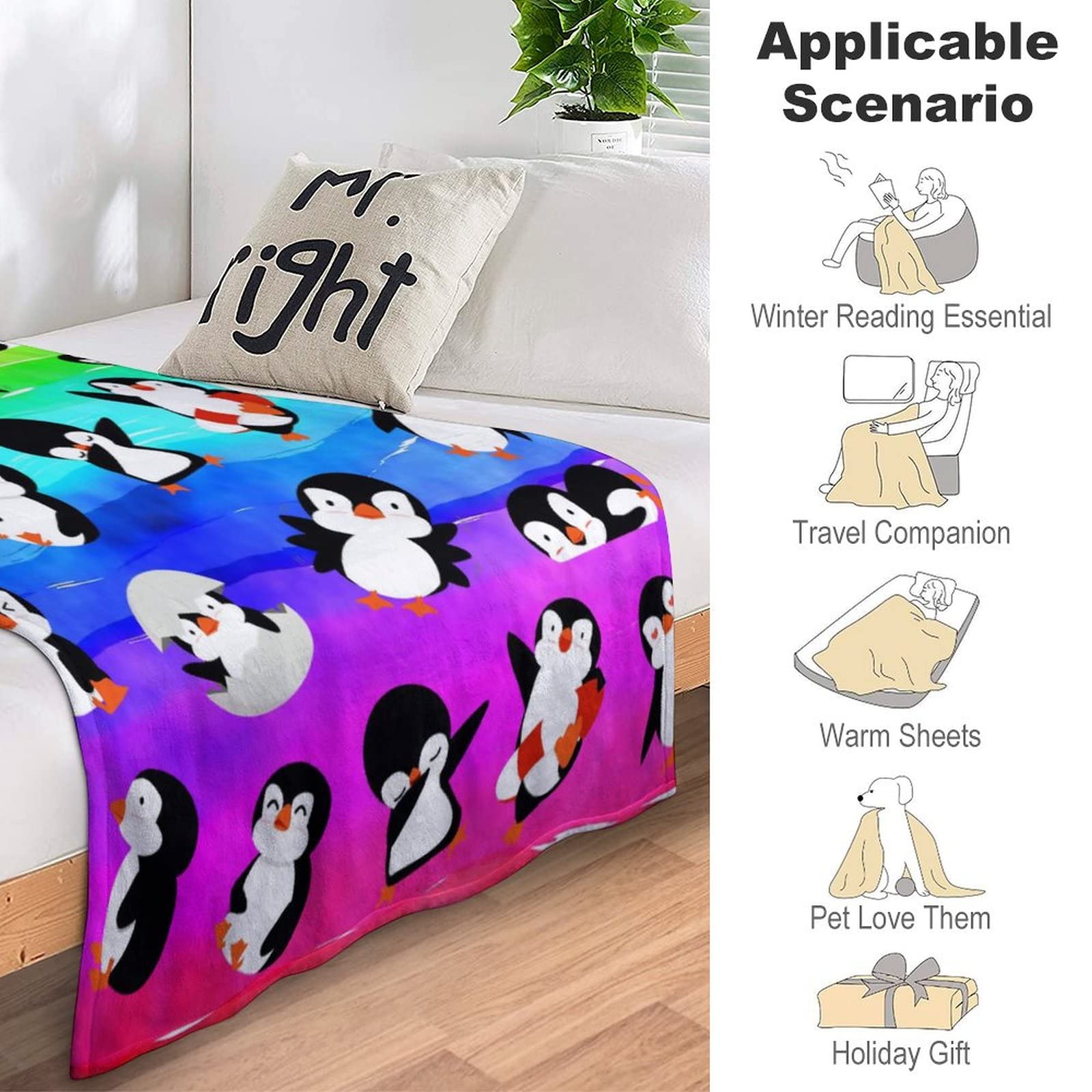 Coperta con pinguini e animali, ultra morbida, in pile di flanella, leggera, in microfibra, per bambini e adulti, idea regalo per viaggi, 127 x 101 cm