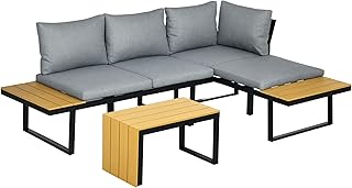 Outsunny 3-TLG. Gartenmöbel-Set, Balkonmöbel mit Sitzkissen, Gartenlounge-Set mit Doppelsofa, Ecksofa, Couchtisch, für Balkon, Terrasse, Alu, Natur+Dunkelgrau