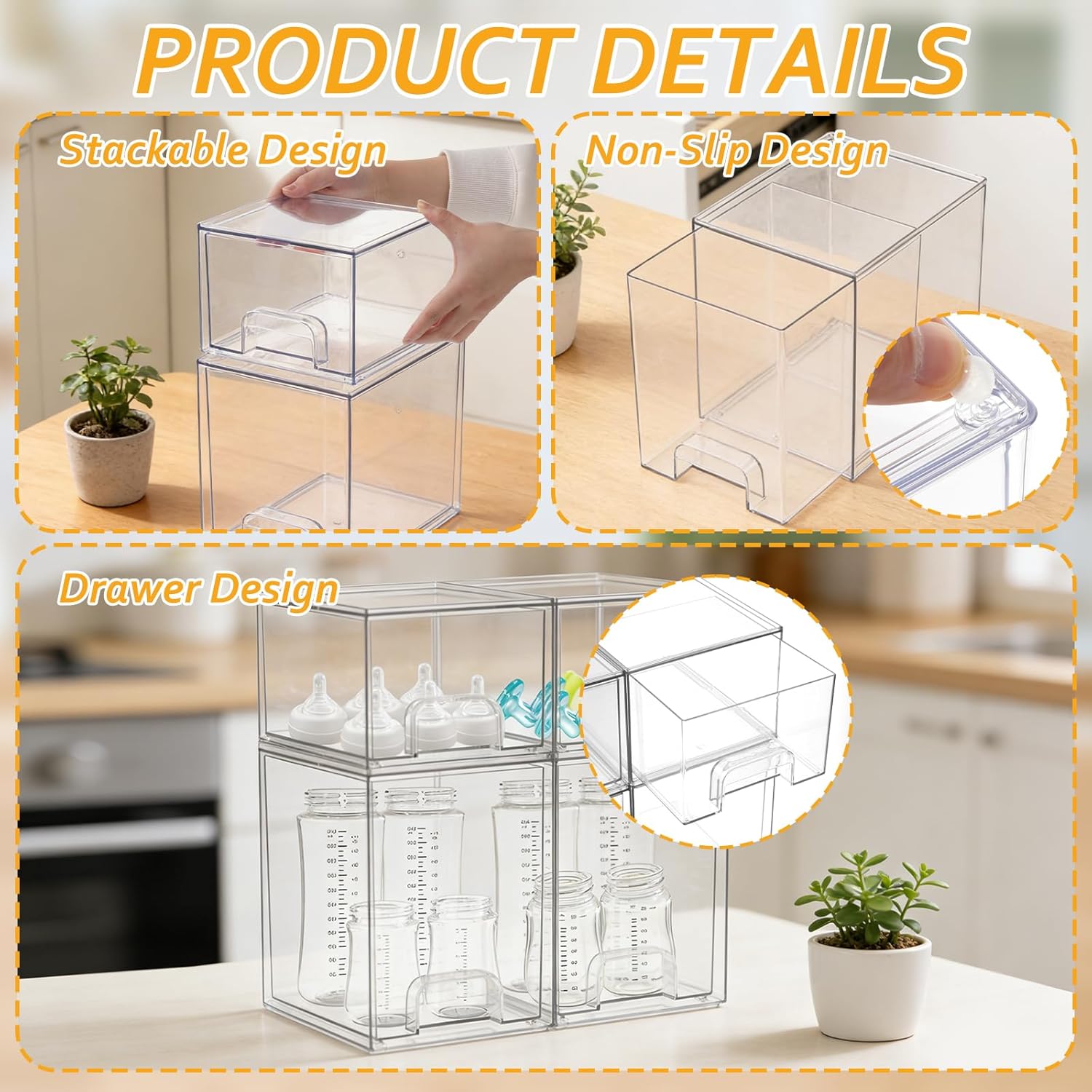 Baby Bottle Organizer 4 Pack Clear Space-Saving Stackable Drawer with Handle for Pacifiers Pump Parts Desk Organizer Bins Station Organizers Container for Countertop Cabinet Bathroom Vanity Pantry