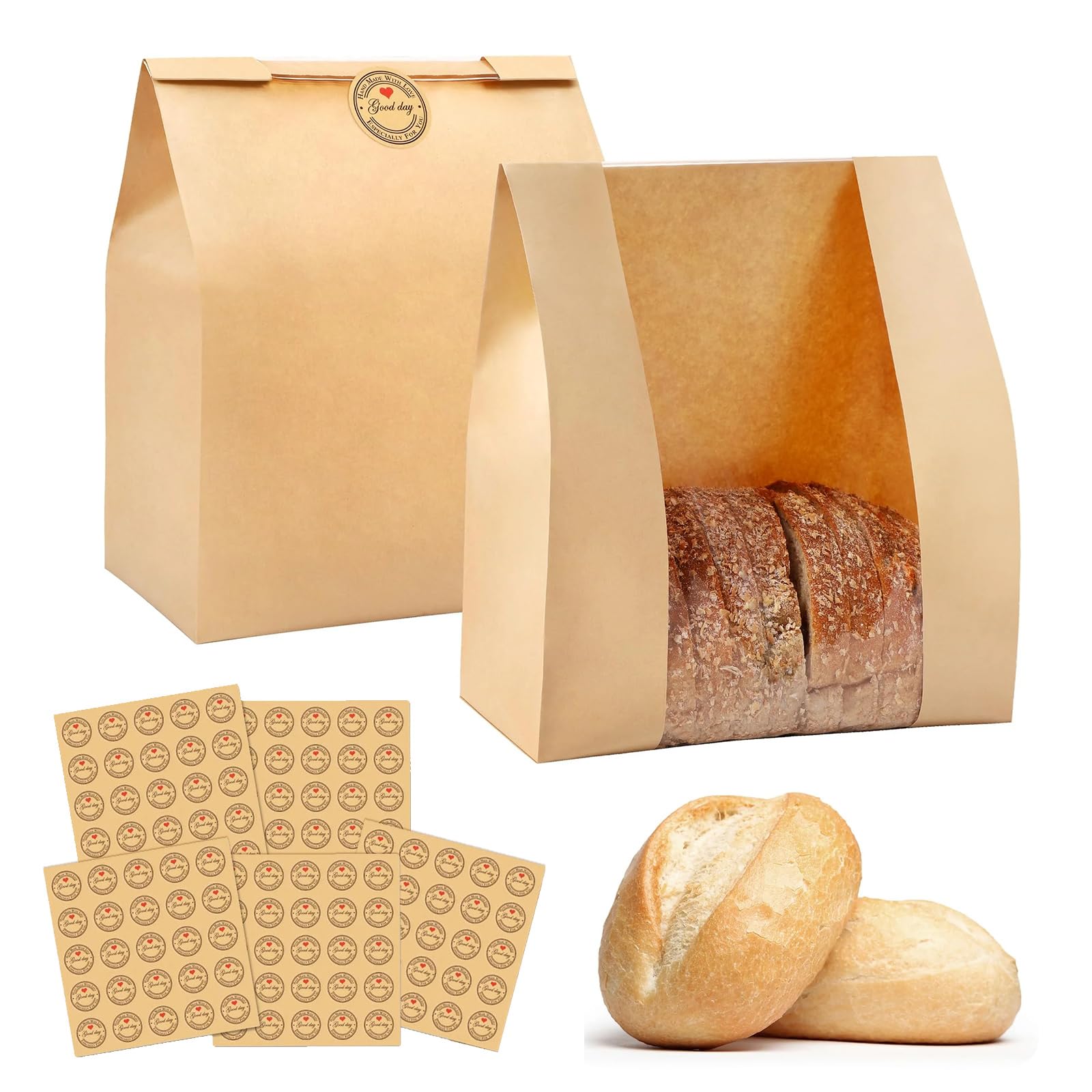 Paper Bread Bags for Homemade Bread, Sourdough Bread Bag with Window & Stickers, Brown Bakery Bags for Storage Bread Cookies & Snacks, Home Baking Packaging Storage,12.6 * 8.3 * 4 Iches (50)