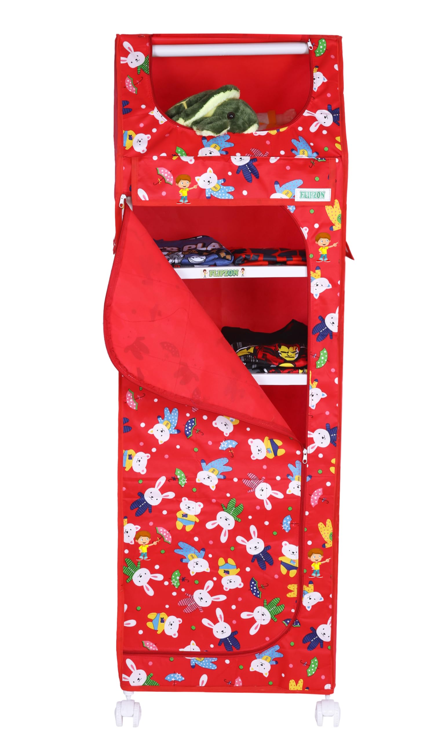FLIPZON Baby Wardrobe Plastic Multipurpose 6 Shelve, Foldable, (Unbreakable Material) (Rabbit Pattern - Red) discount deal