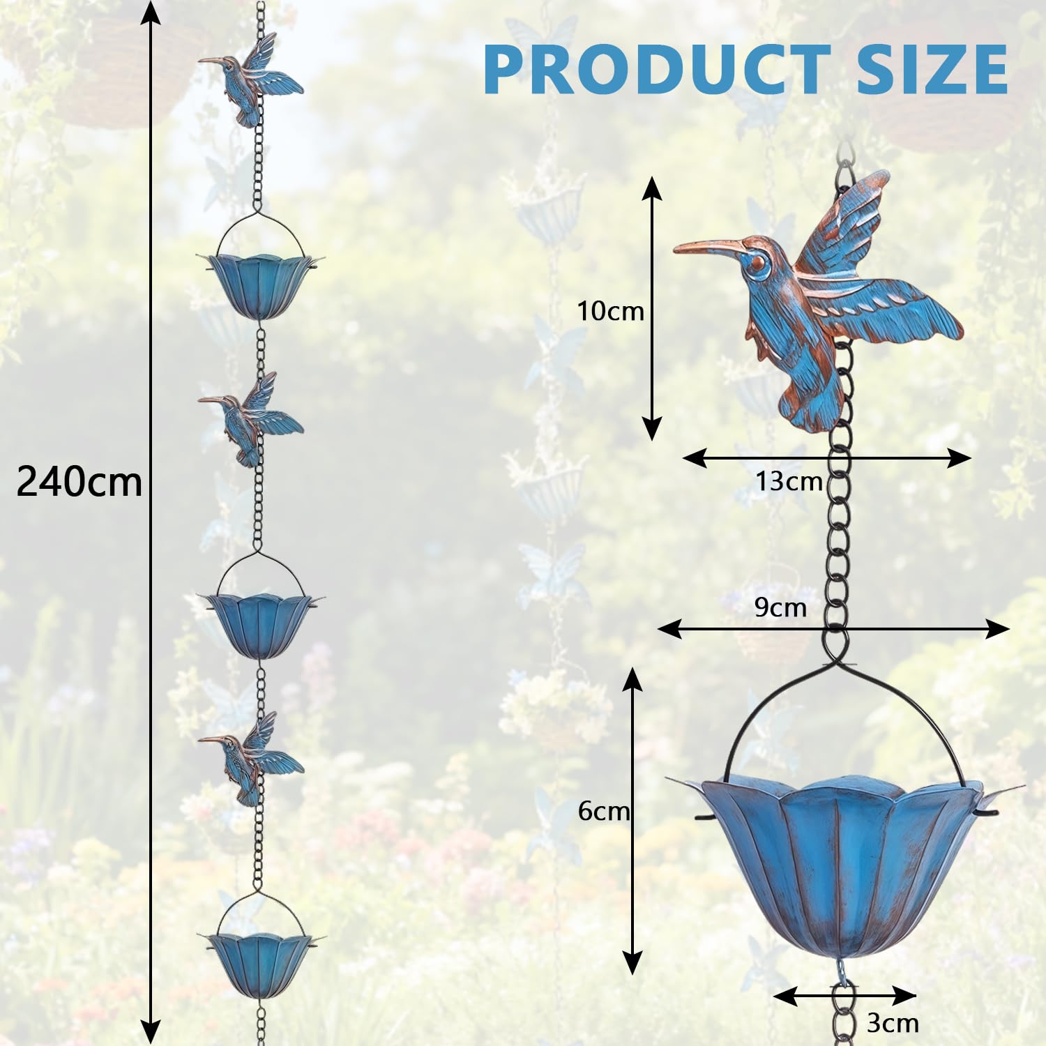 Chaînes de pluie pour gouttières, 2,4 m, vintage, en fer bleu, chaîne de pluie avec 7 colibri et tasses