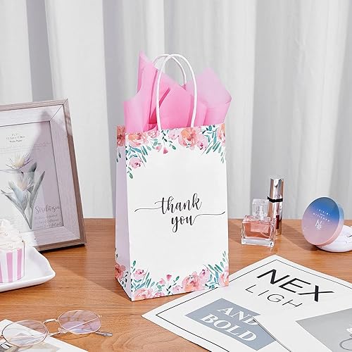 Miniatura 6 de Paquete de 50 pequeñas bolsas de regalo de papel blanco y floral con asas y 24 hojas de papel de seda para pequeñas empresas, compras, bodas, baby