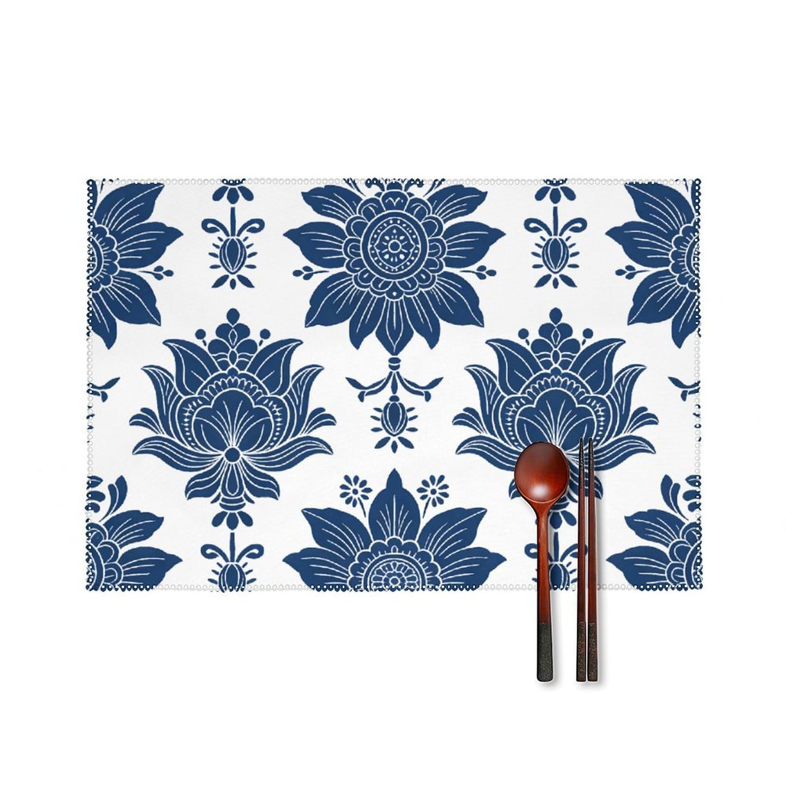 Navy Ethnic Floral Placemats Set of 6, 12x18 Inch Heat Resistant Washable Canvas Table Mats, Stain Resistant Decorative Dining Placemats for Kitchen, Restaurant, Outdoor Party
