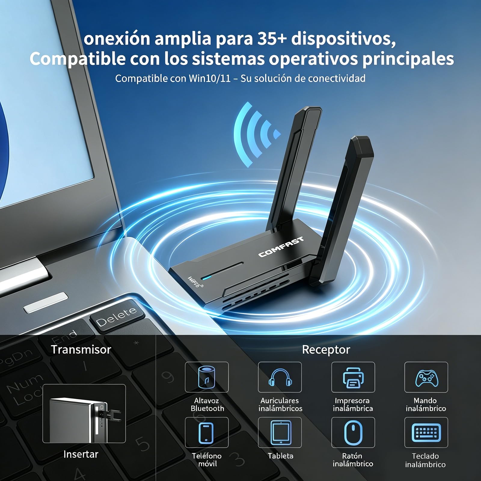COMFAST AX5400 Adaptador WiFi USB para PC, Receptor Wi-Fi 6E, USB 3.0, Tri-Banda 6G/ 5G/ 2,4GHz, Antena WiFi Externa Ajustable, WPA3, MU-MIMO, OFDMA, Compatible con Windows 10/11, Baja Latencia