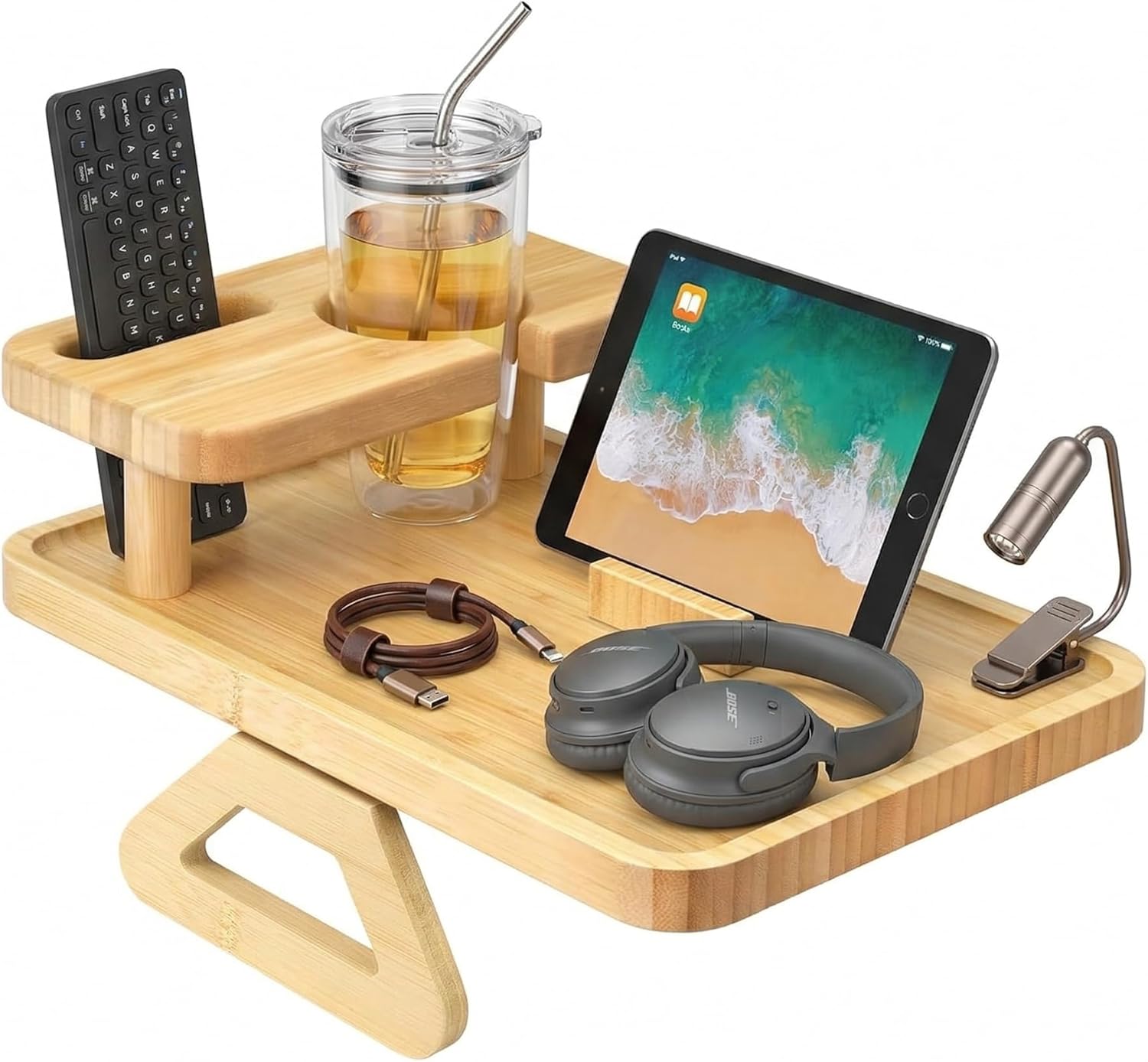 Wood Sofa Arm Tray - 3-in-1 Couch Arm Table with Phone Holder, Cup Placer & Foldable Tray - Armrest Clip-On Design for Couch with 360° Rotated Phone Holder (Drawer)