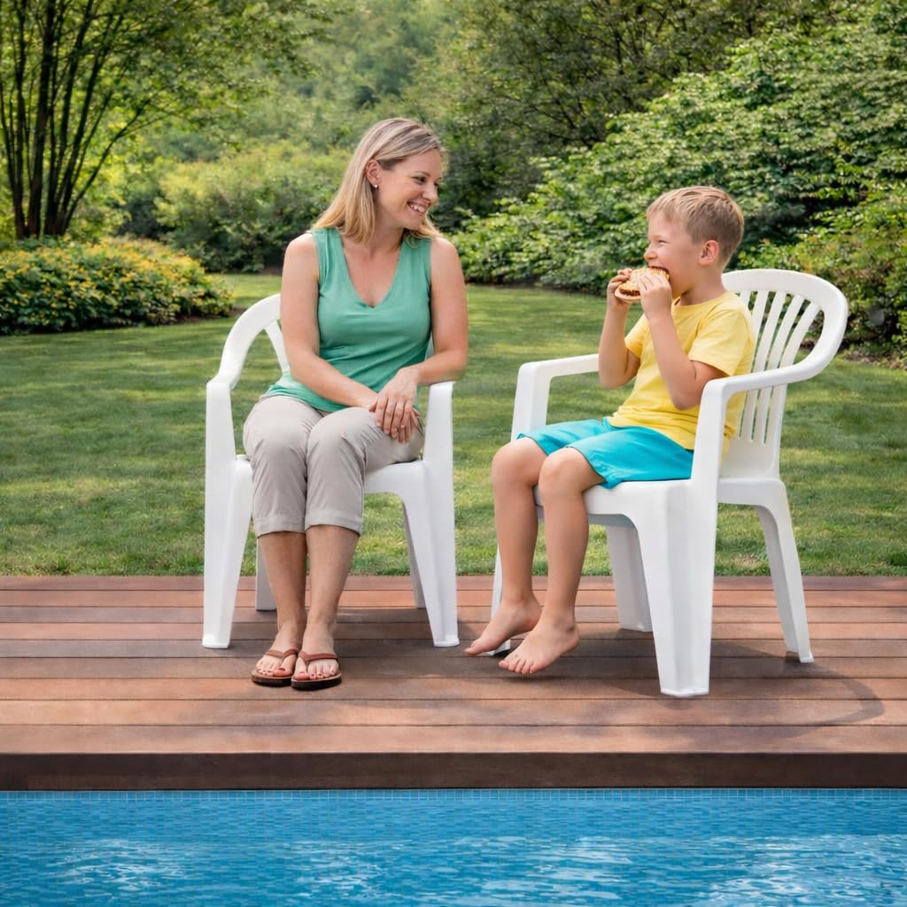 Set Sedie da Giardino - per Esterno, in Resina, Bianco, Braccioli Ergonomici, Schienale Basso, Impilabili, Impermeabile, Resistente - 55 x 53 x 82 cm