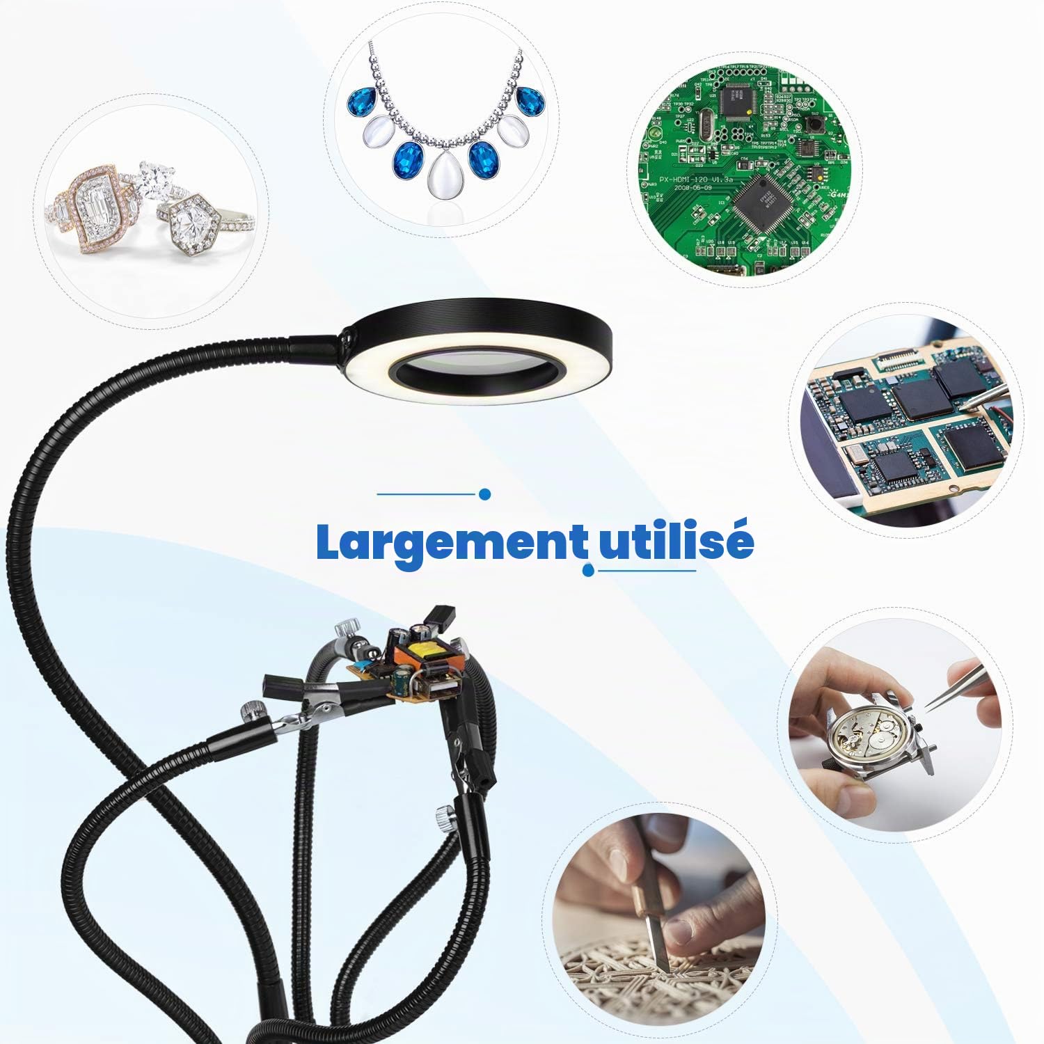Support Multifonction Troisième Main Soudure, Avec 5 Bras Flexible secourable Pince clip réglable Loupe 3X et LED à 3 modes, adaptées au travail des ingénieurs en soudure electronique