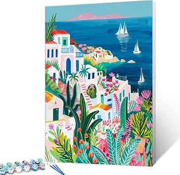 Boho Greek Island Scenery DIY Paint by Numbers for Adults Seaside White Town View Landscape DIY Oil Painting Acrylic Paint Simple Painting Kits Canvas with Acrylic Paint Art 16x20 Inchwithout Frame