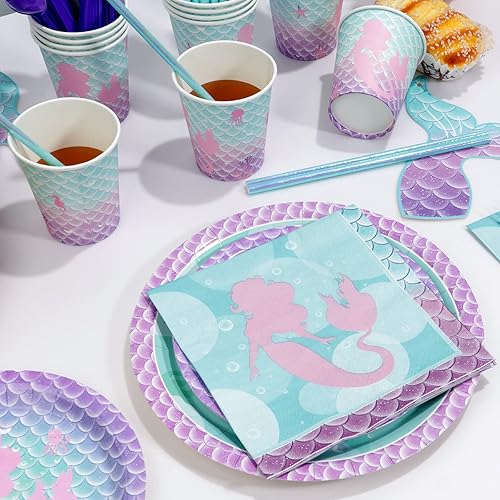 Miniatura 3 de 203 suministros para fiesta de cumpleaños de sirena, mantel, pancarta, vajilla desechable para fiesta bajo el mar, sirve para 25 personas