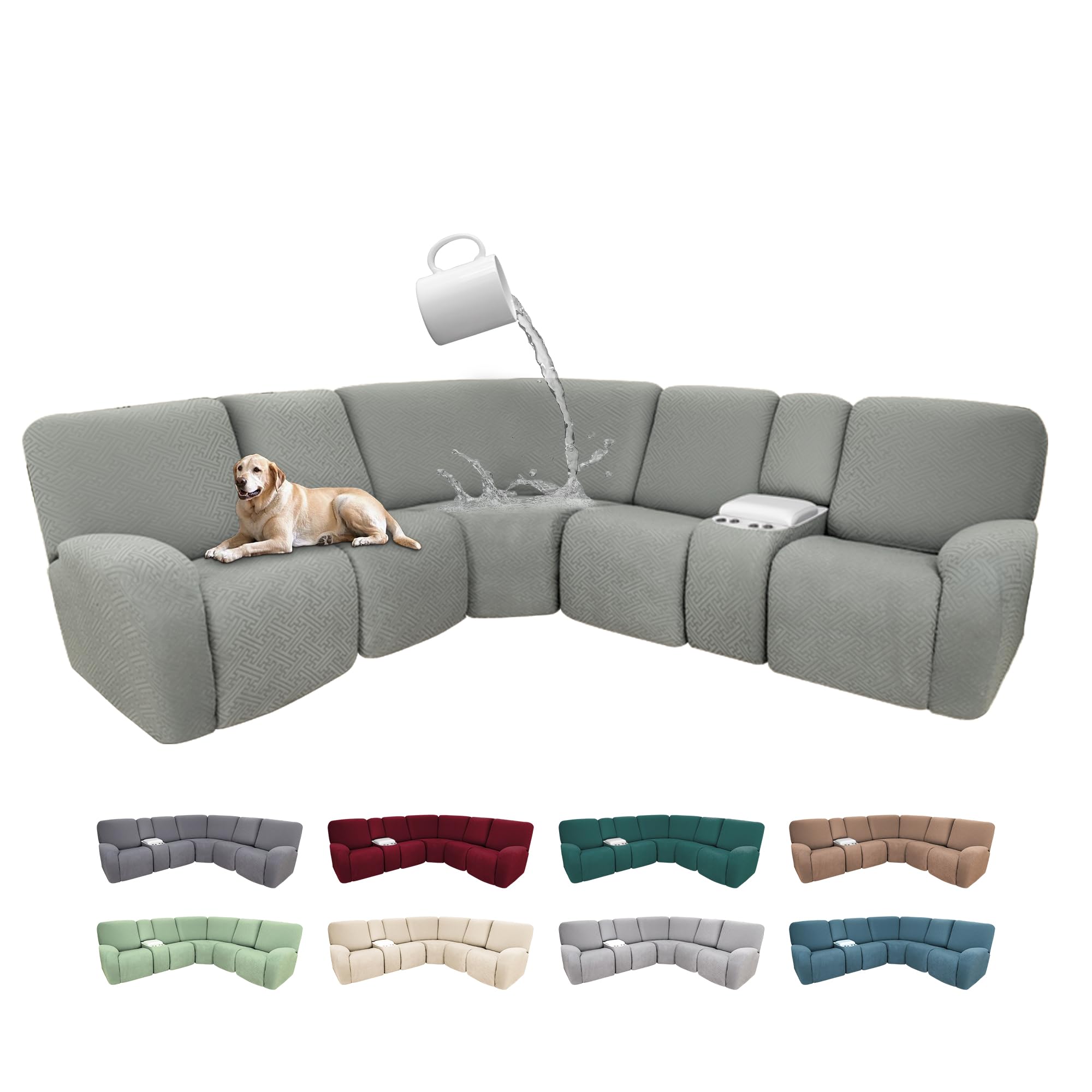 Photo 1 of ROFASVCO 100% Waterproof Sectional Recliner Couch Covers for Reclining Couch L Shaped Corner Sectional Sofa Cover Jacquard Stretch L Shape Recliner Slipcovers (5 Seater 1 Console Cover, Grayish Green)