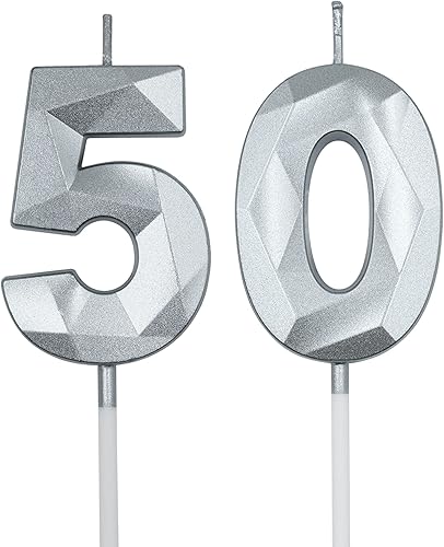 Velas de cumpleaños número 50 para pastel, velas plateadas con forma de diamante 3D con forma de diamante, decoraciones de cumpleaños, suministros