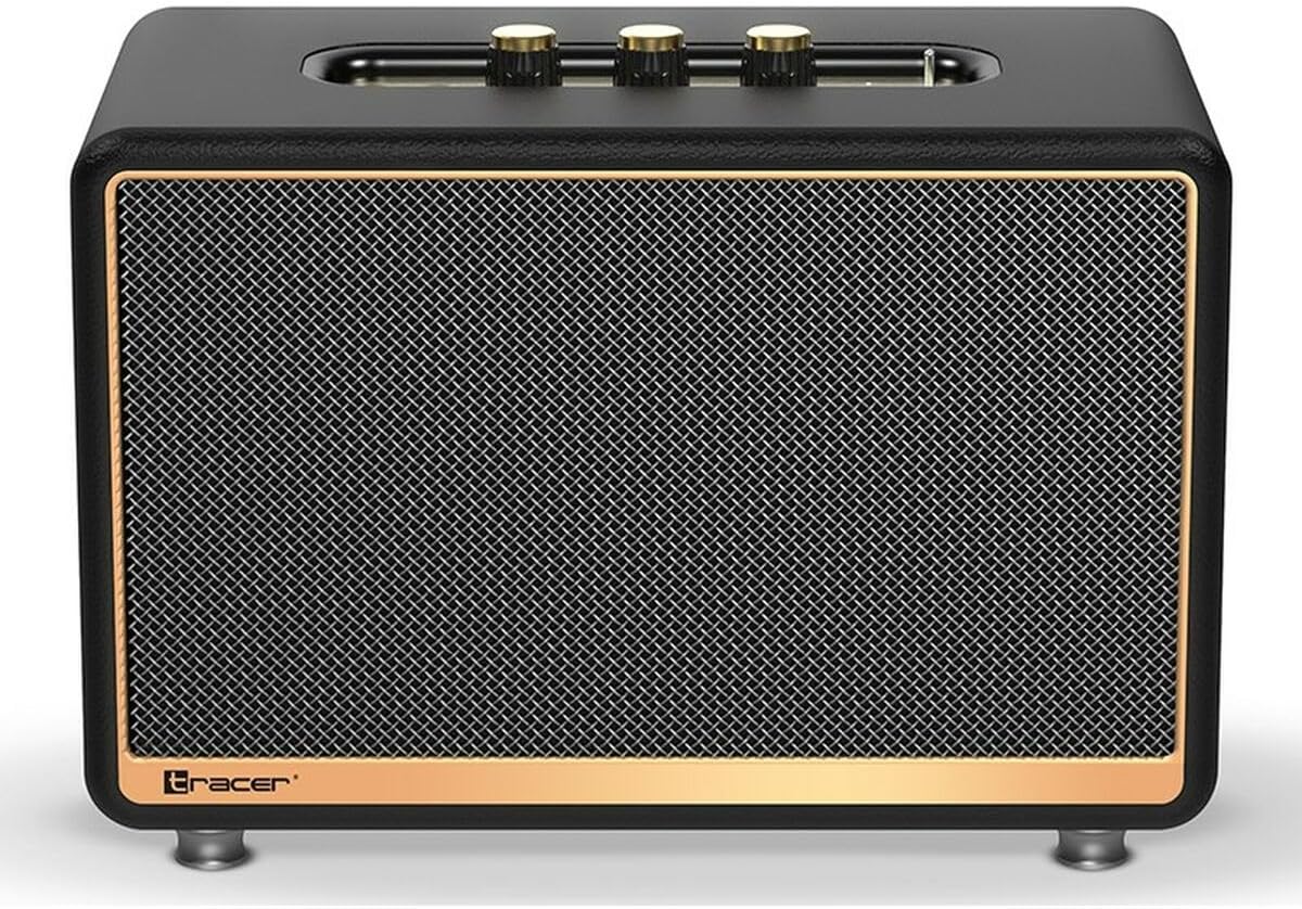 Tracer M45 Portable Bluetooth Speaker, front view with gold trim and black grille