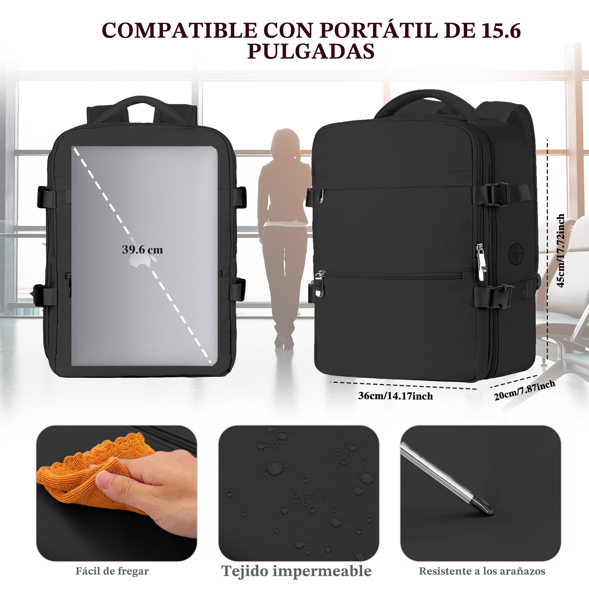 WOUIYO Mochila Viaje Cabina Avion 45x36x20 Para Easyjet 30L Mochila de Viaje Equipaje de Mano Mochila 45x36x20 Maletas de Viaje Cabina para Portatil de 15.6 Pulgadas