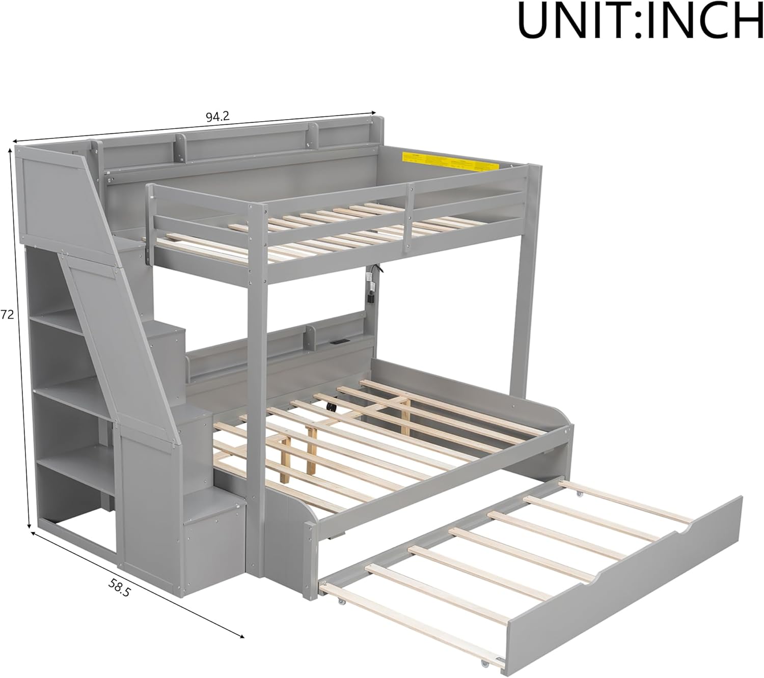 Twin Over Full Kids Bunk Bed with Trundle, Wood Bunk Bed with Storage Staircase& Built-in Shelves& USB for Boys Girls Teens, Space Saving Bed Frame for Bedroom (Grey)