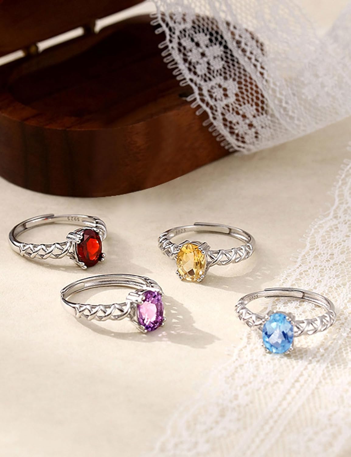 Topaz Adjustable Ring for Women 925 Sterling Silver Oval Shape Blue Purple Yellow Red Topaz Birthstone Criss Cross Statement Ring Band Jewelry - Image 3
