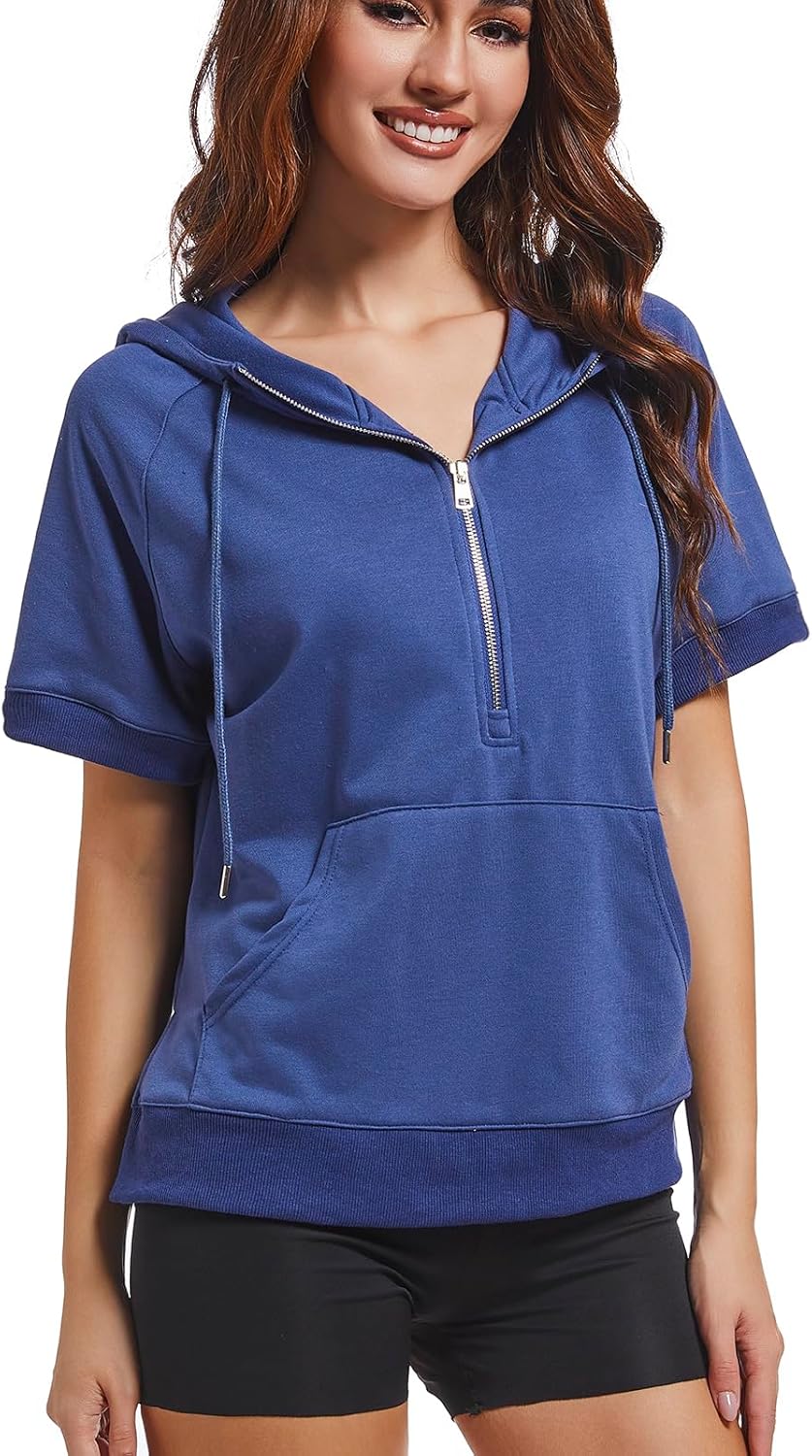 Short Sleeve Hoodies for Women Half Zip Summer Oversized Sweatshirt Fashion Pullover Casual Tops with Pockets