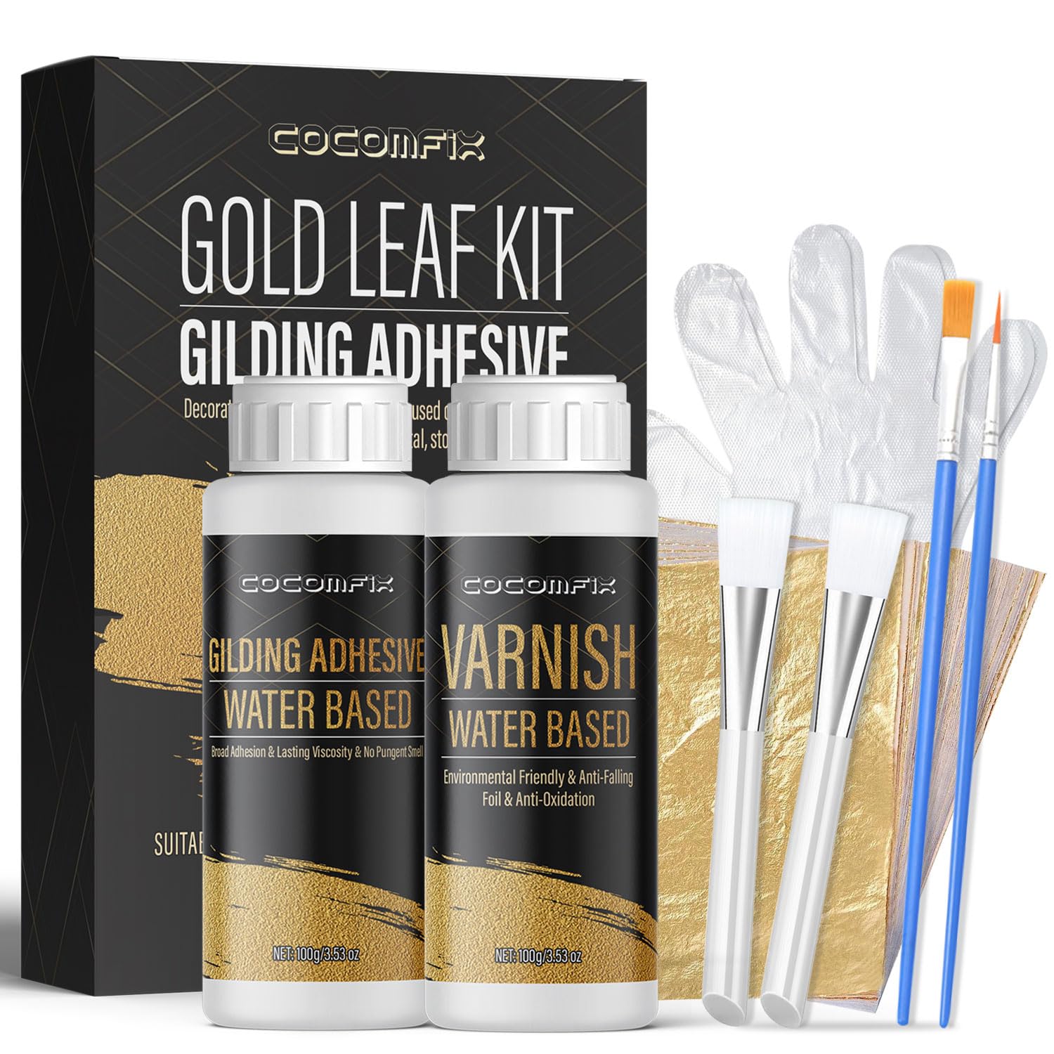 cocomfix Gold Leaf Kit, 200ml Gilding Adhesive Set, Water Based Gold Leaf Adhesive and Protective Varnish with 100 Pcs Gold Leaf Sheets for Art, Crafts, Painting and Decoration