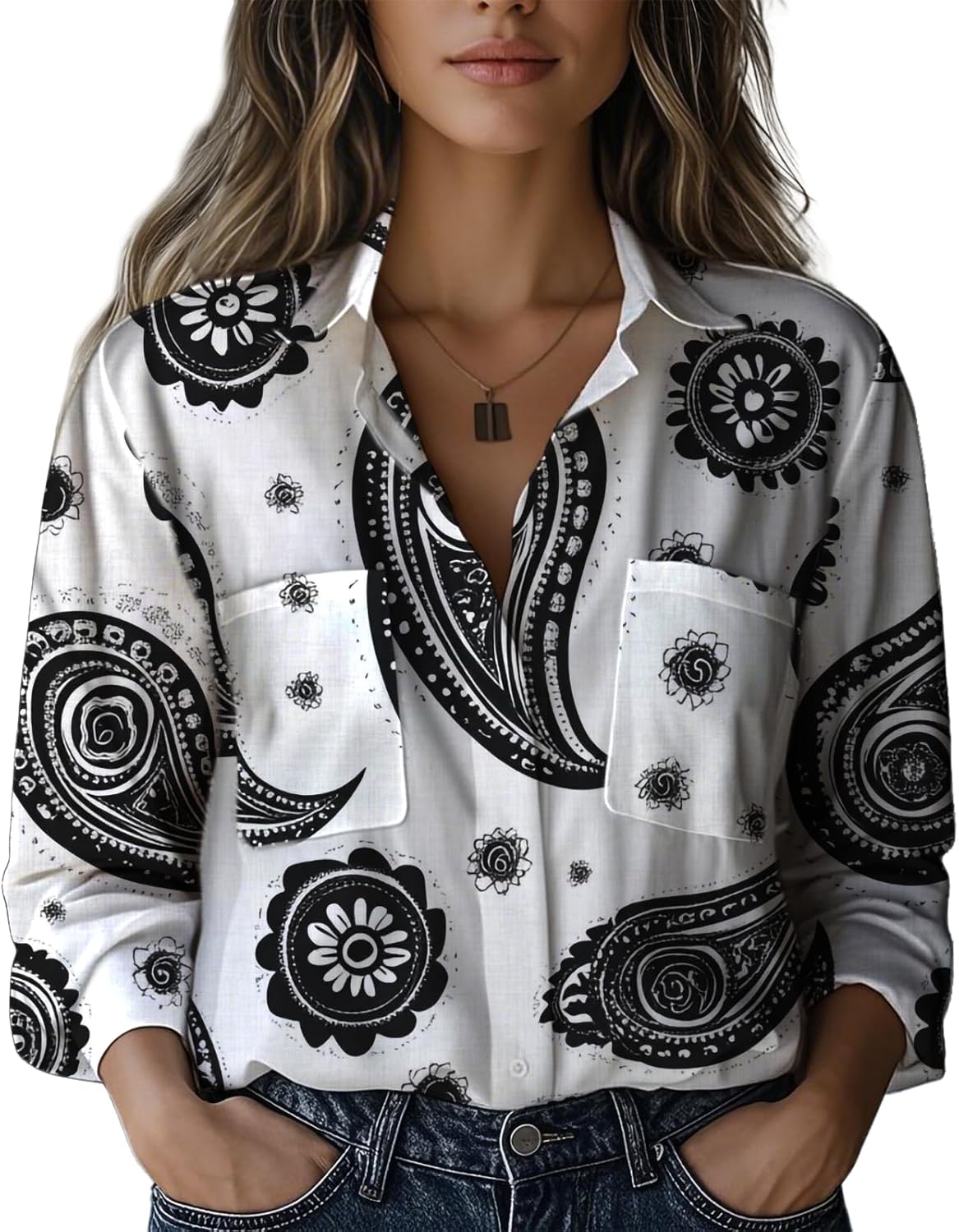 Button Down Shirts for Women Long Sleeve V Neck Summer Casual Office Work with Pocket Oversized Beach Top