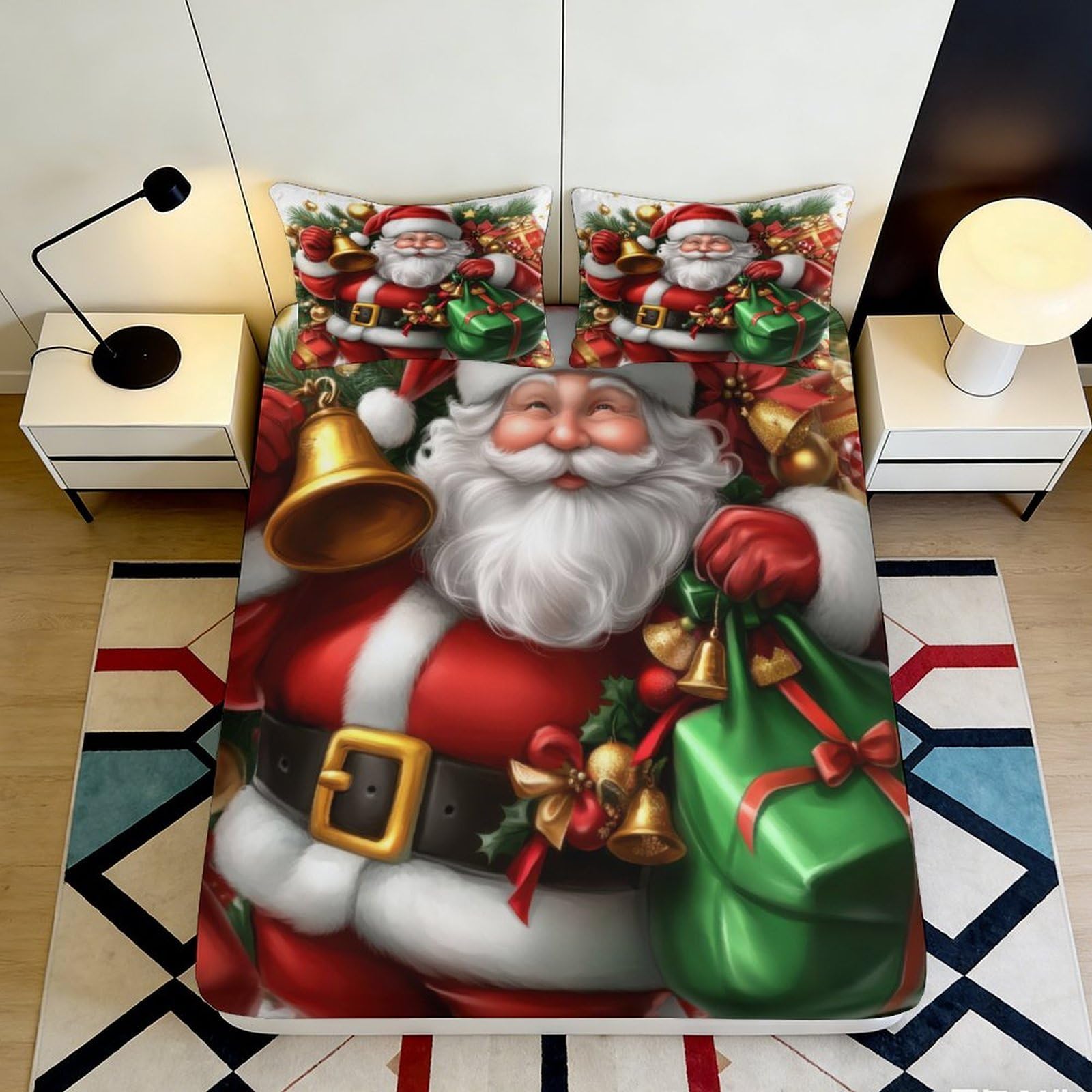 3D Printed Santa Claus Fitted Sheet Microfiber Soft Bed Cover Anti-Slip Machine Washable for Bedroom Decor 90x200x25cm