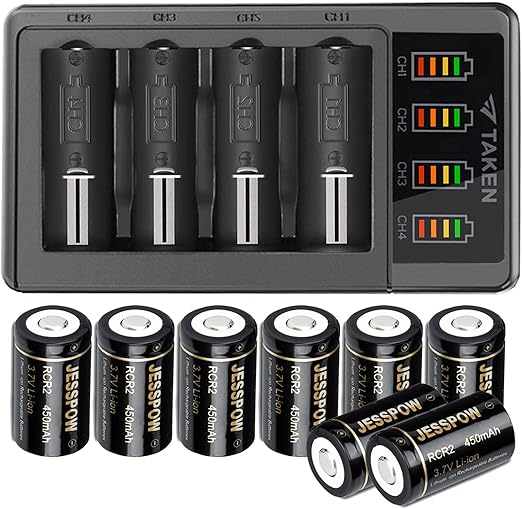 CR2 Rechargeable Batteries and Charger, JESSPOW 450mAh 3.7V CR2 Battery