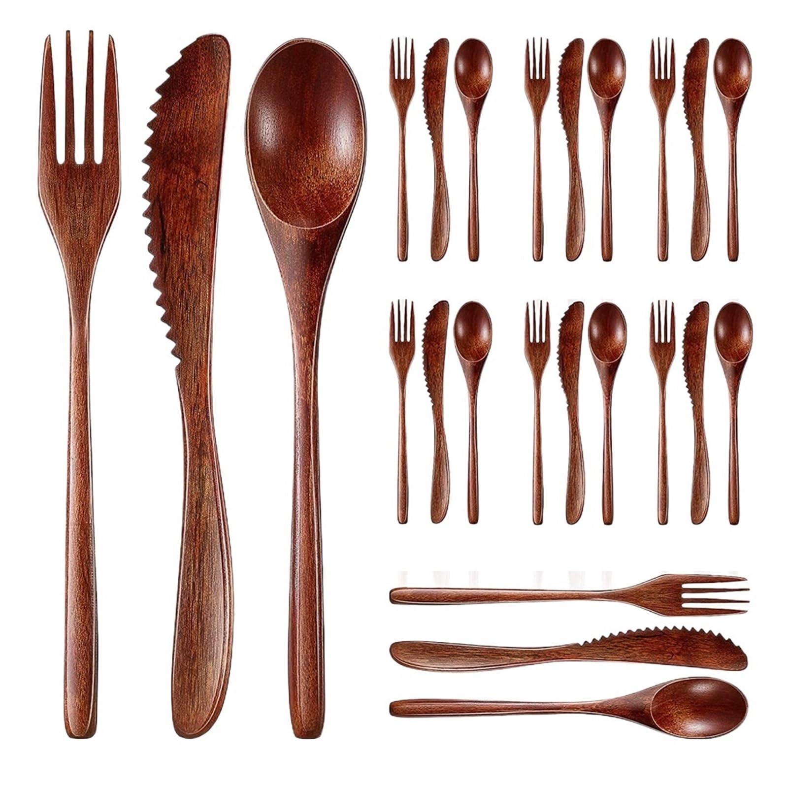 Ensemble de Couverts Ensemble de Couverts de Table en Bois, cuillère, Fourchette, Couteau, ustensiles de Cuisine en Bois (24 pièces)