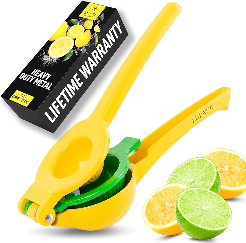 Exprimidor de limón manual Zulay Metal 2 en 1 - Exprimidor manual resistente y de máxima extracción El exprimidor de limón obtiene hasta la última gota - Exprimidor de cítricos fácil de limpiar y usar - Amarillo/Verde
